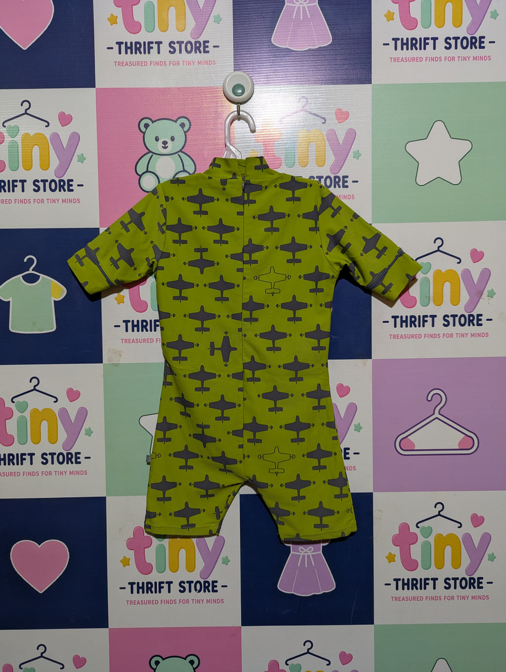 Boys Olive Green "Airplane Print" One-Piece Swimsuit - Size Estimated Age 4-6 Years AB1