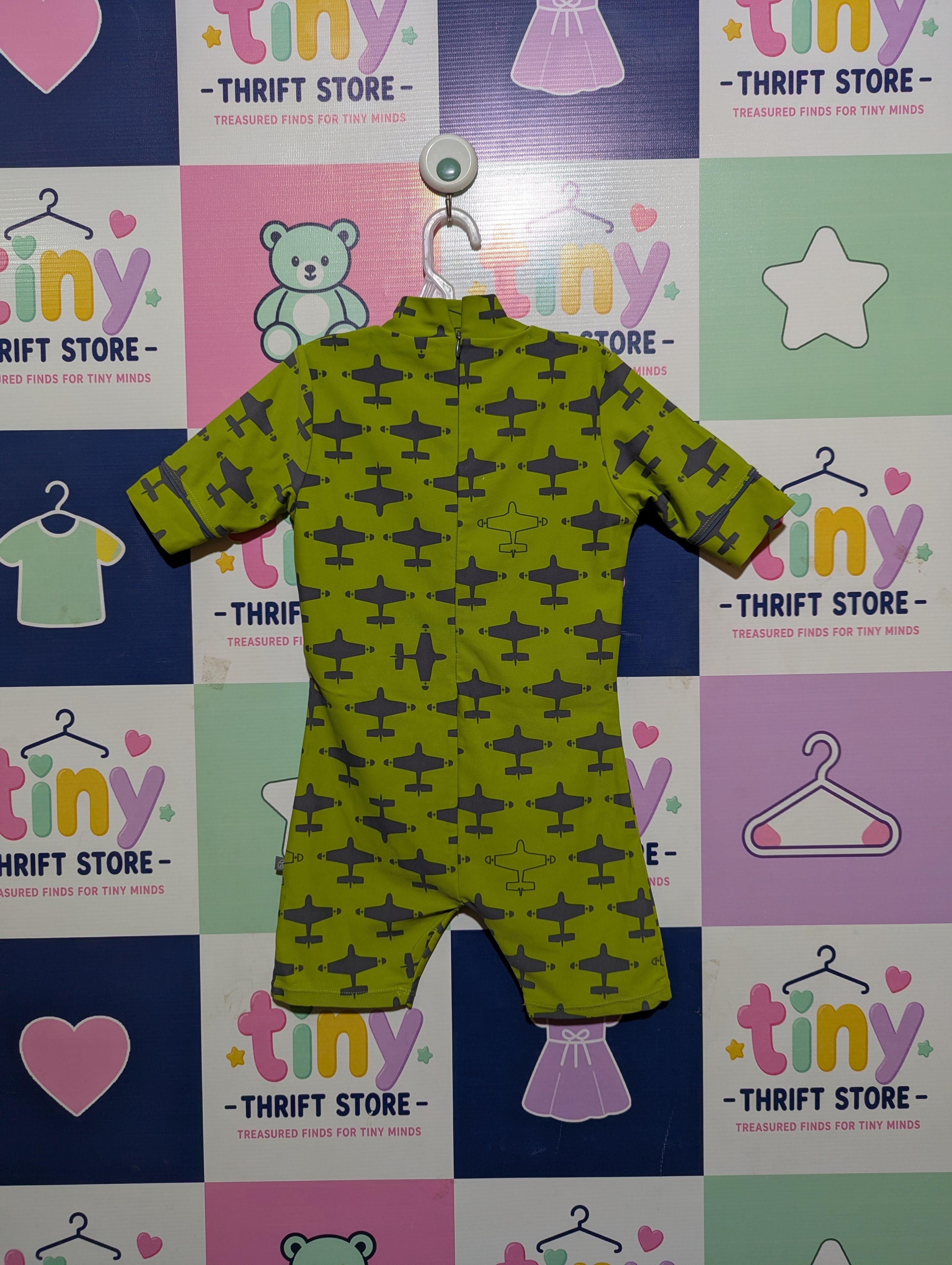 Boys Olive Green "Airplane Print" One-Piece Swimsuit - Size Estimated Age 4-6 Years AB1