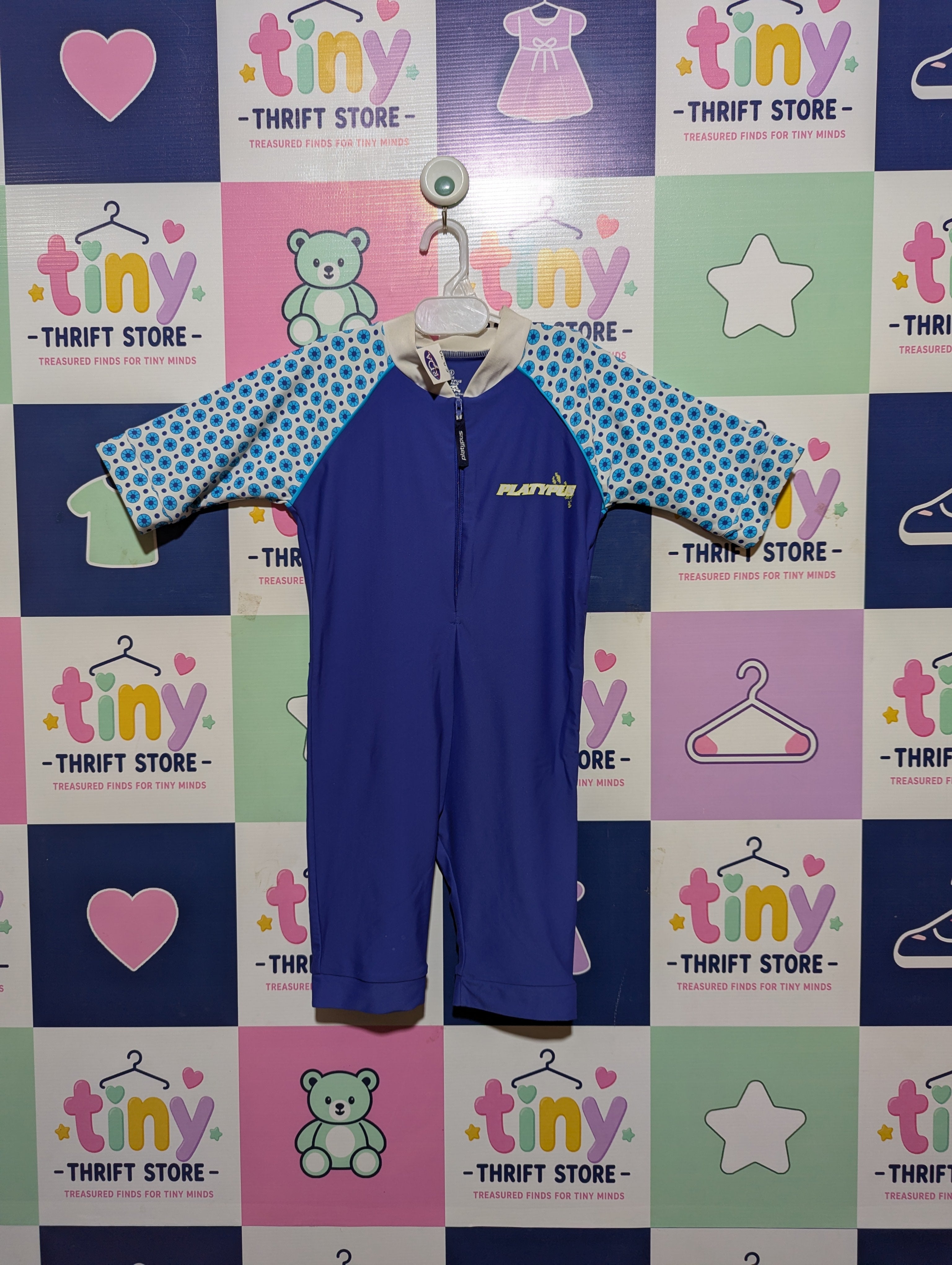 Platypus Australia Girls Blue "Floral Sleeves" Zip-Up Swimsuit - Size Estimated Age 8 Years AB1