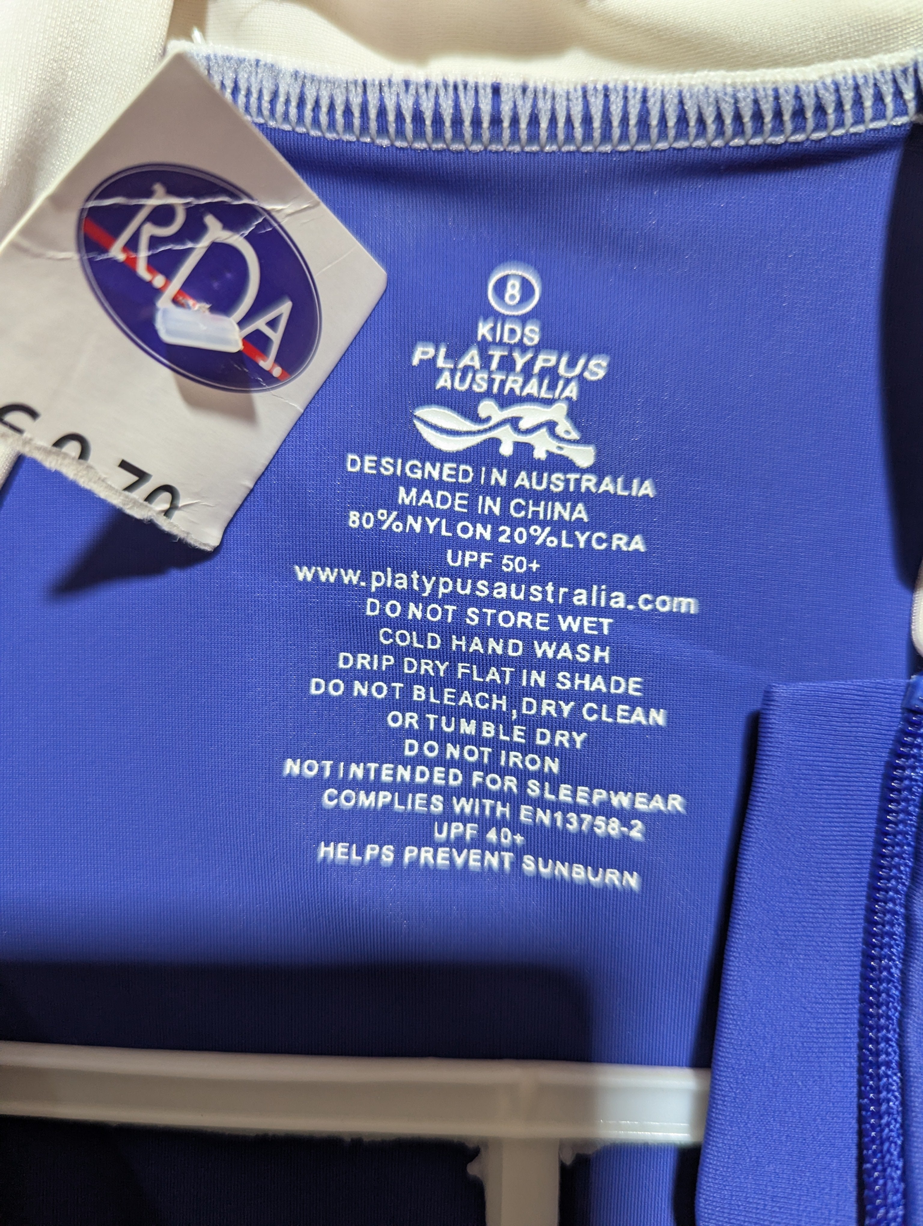 Platypus Australia Girls Blue "Floral Sleeves" Zip-Up Swimsuit - Size Estimated Age 8 Years AB1