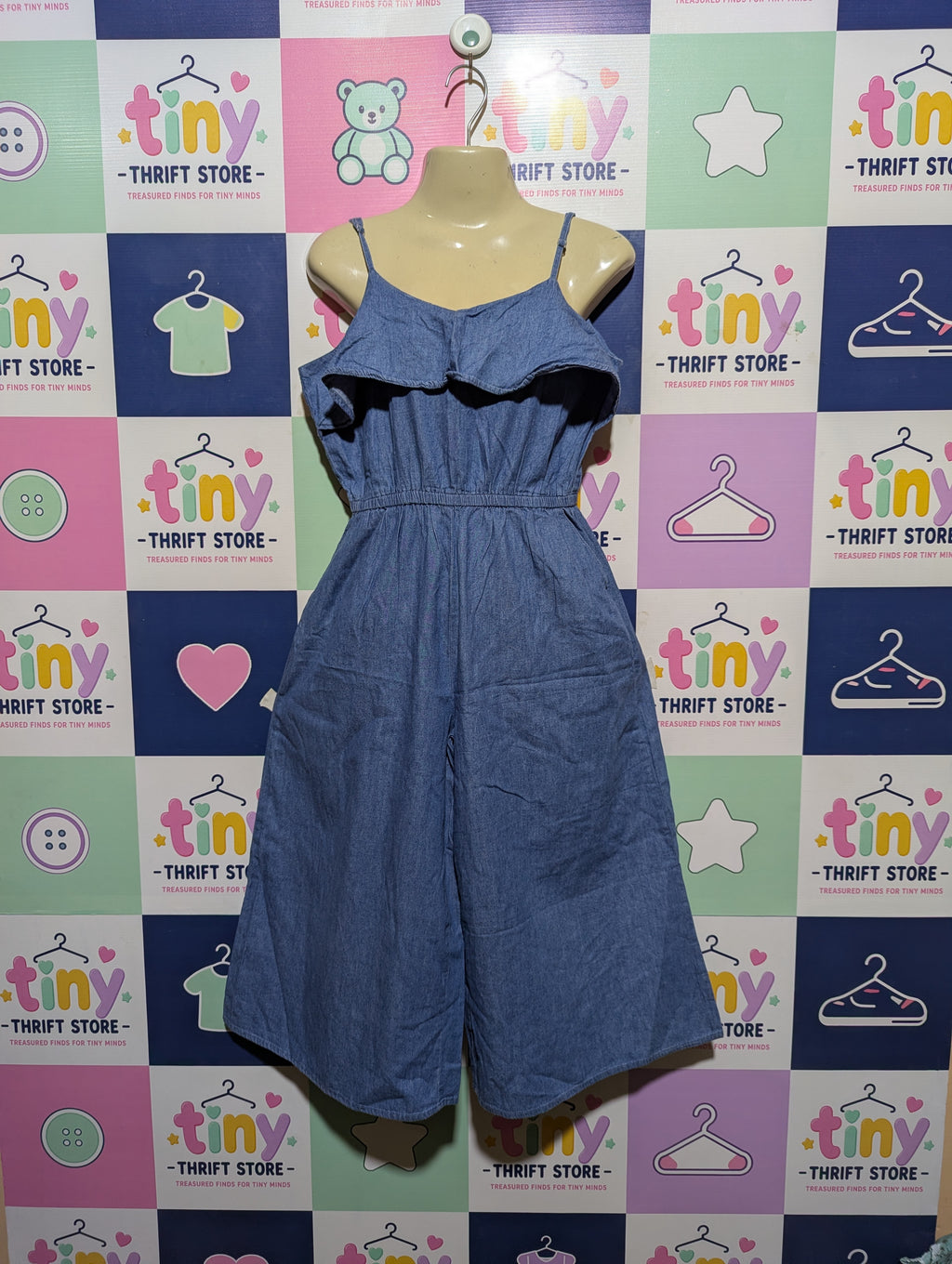 Ikka Girls Blue Denim Ruffle-Front Jumpsuit - Size Estimated Age 11-12 Years AB2