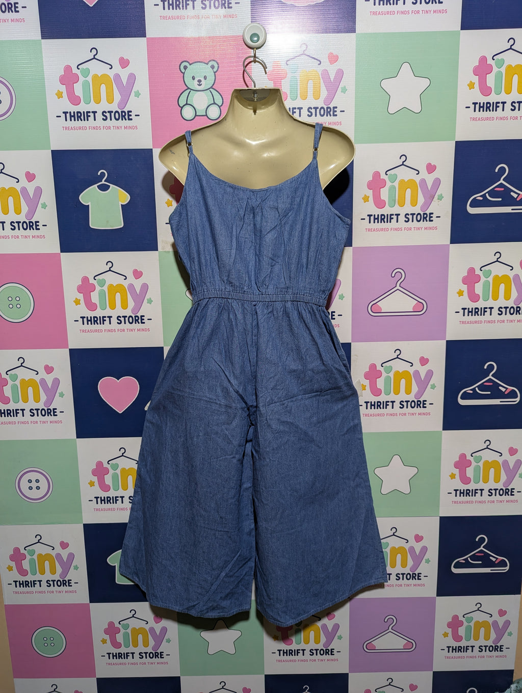 Ikka Girls Blue Denim Ruffle-Front Jumpsuit - Size Estimated Age 11-12 Years AB2