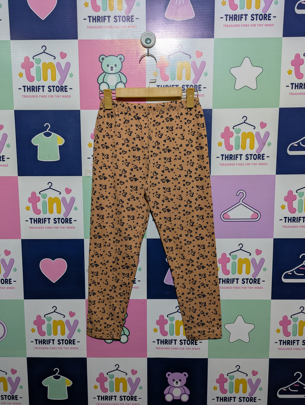 George Girls Tan "Heart Print" Stretch Leggings - Size Estimated Age 10-11 Years AB2