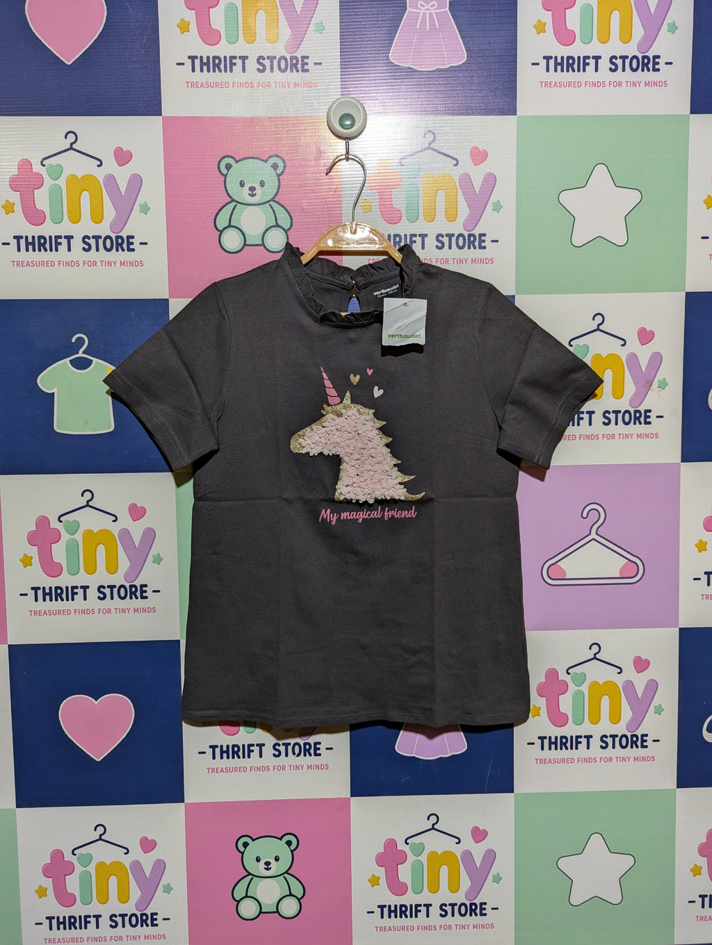 Vertbaudet Girls Charcoal "Magical Unicorn" Ruffle-Neck Tee - Size Estimated Age 12 Years AB2