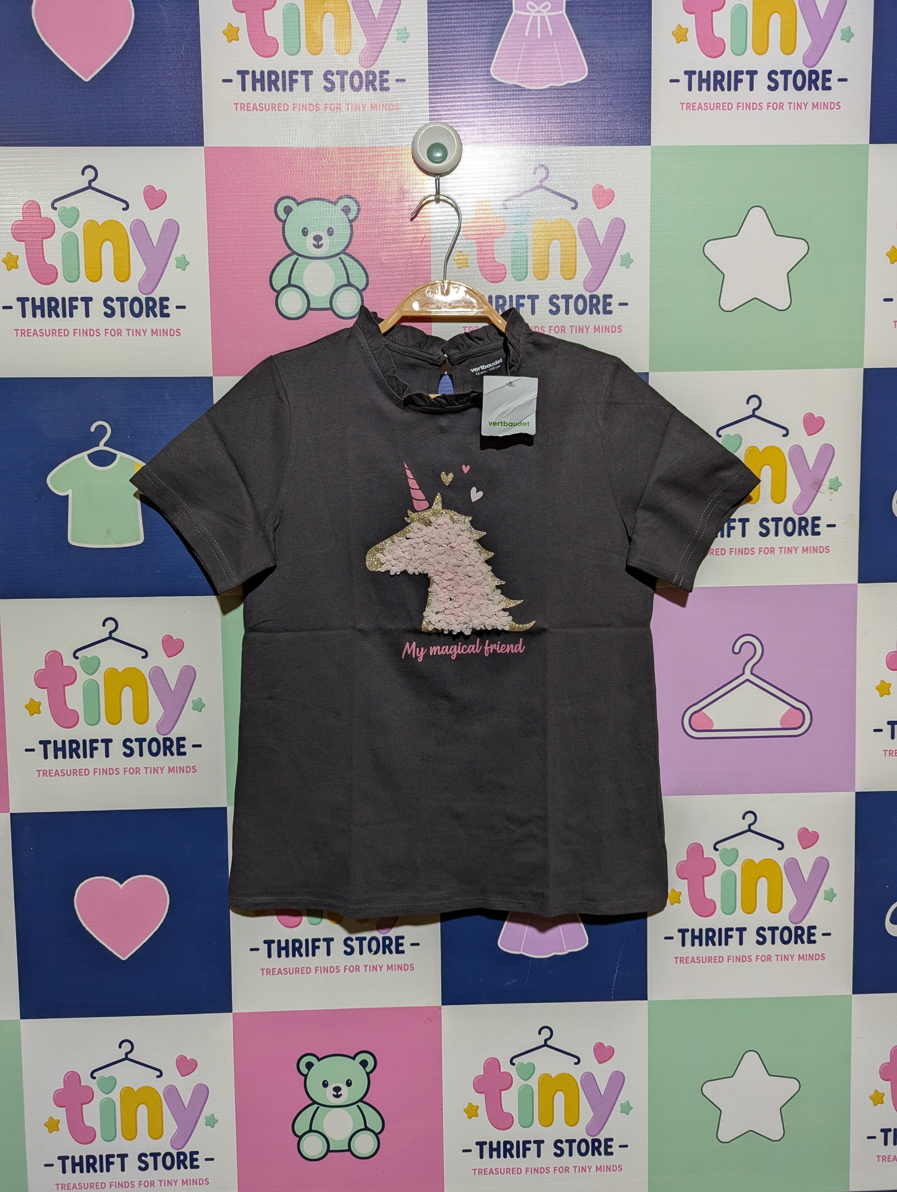 Vertbaudet Girls Charcoal "Magical Unicorn" Ruffle-Neck Tee - Size Estimated Age 12 Years AB2