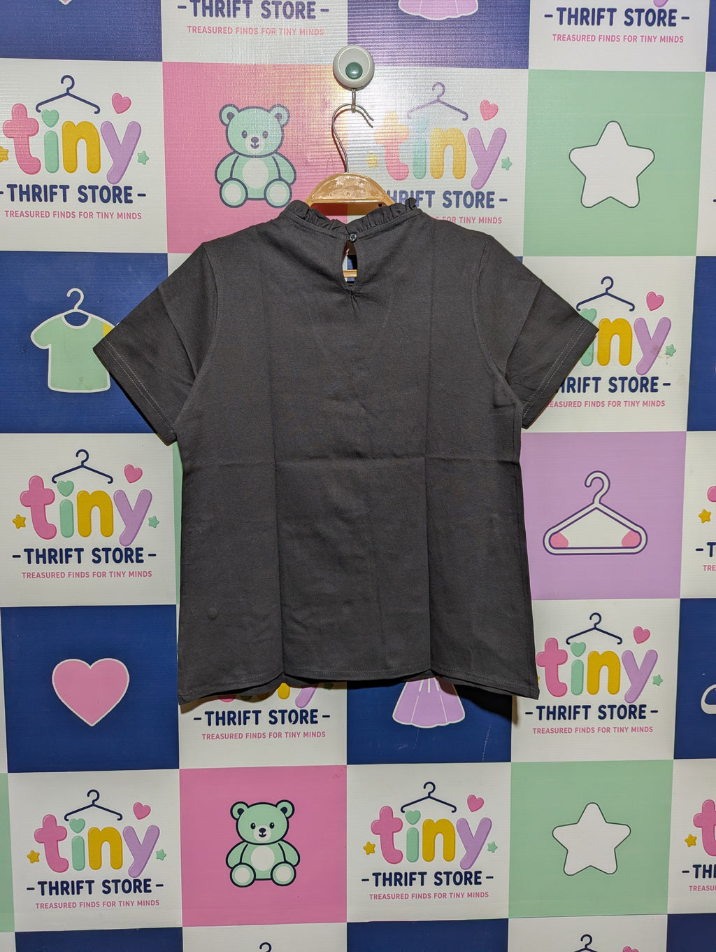Vertbaudet Girls Charcoal "Magical Unicorn" Ruffle-Neck Tee - Size Estimated Age 12 Years AB2