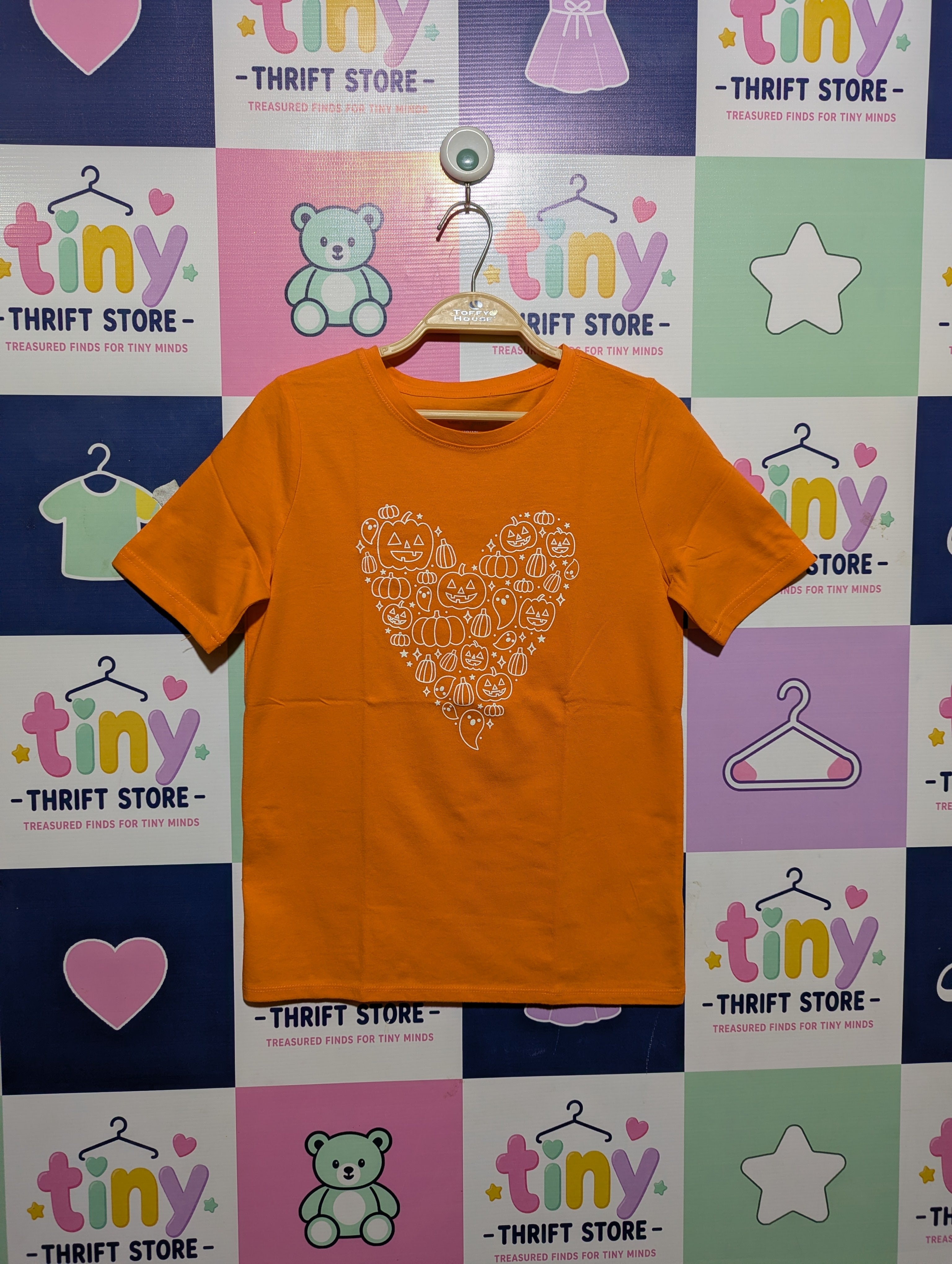 Cat & Jack Girls Orange "Pumpkin Heart" Graphic Tee - Size Estimated Age 10-12 Years AB2