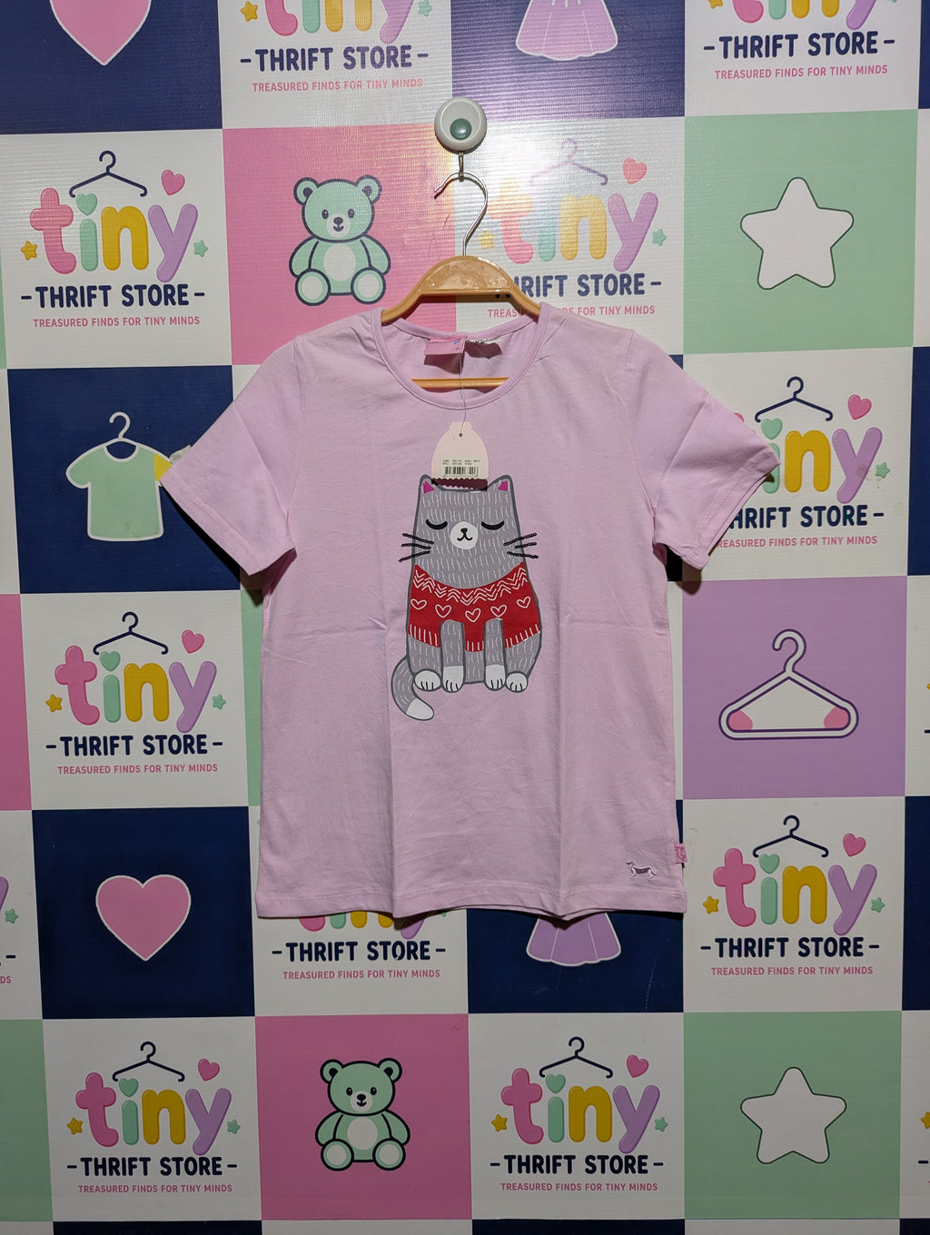 Peter Alexander Girls Pastel Pink "Cat Graphic" Short Sleeve Tee - Size Estimated Age 12 Years AB2