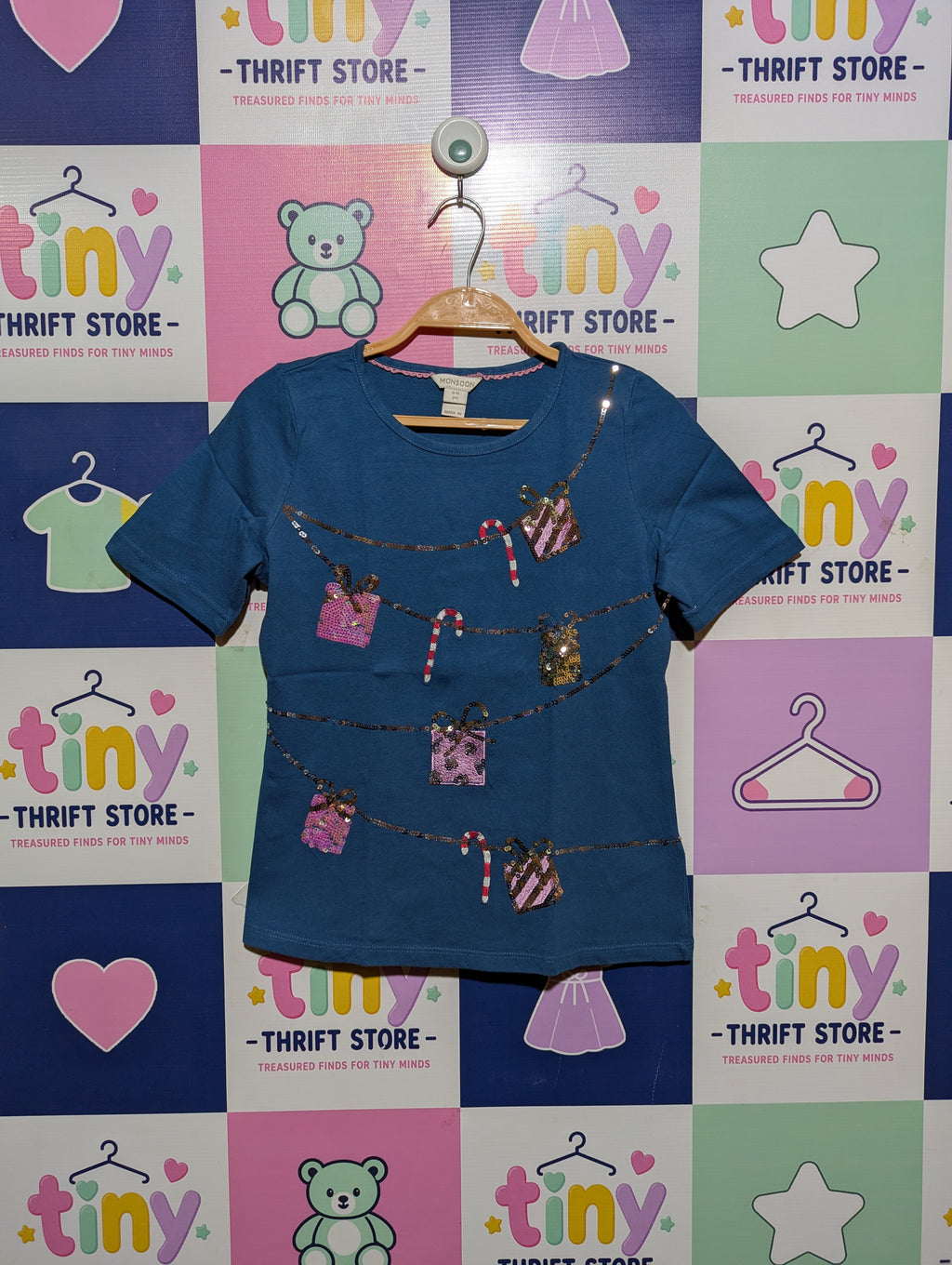 Monsoon Girls Blue "Sequin Gift" Holiday Graphic Tee - Size Estimated Age 11-12 Years AB2