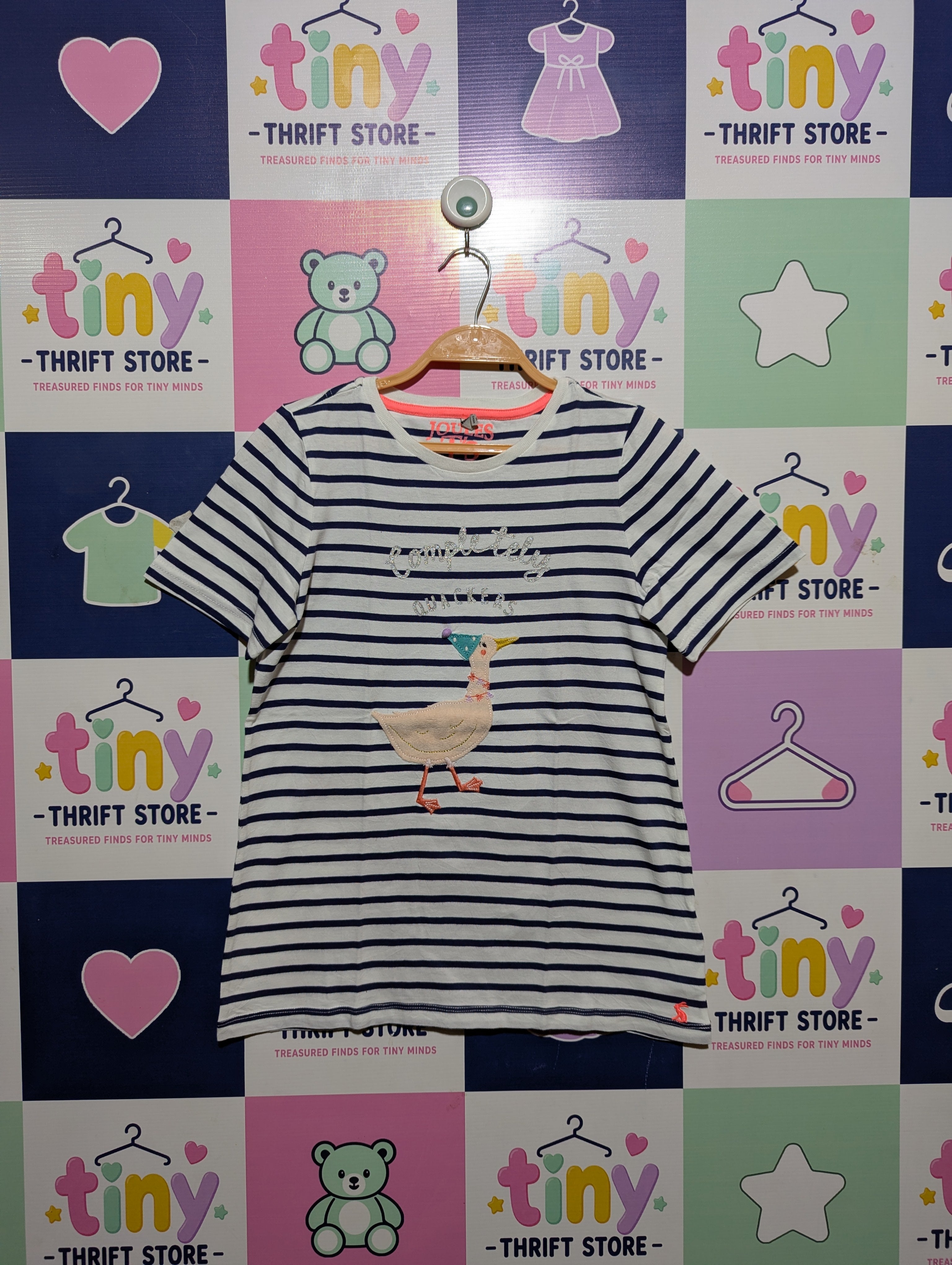 Joules Girls Navy & White Striped "Party Duck" Graphic Tee - Size Estimated Age 11-12 Years AB2