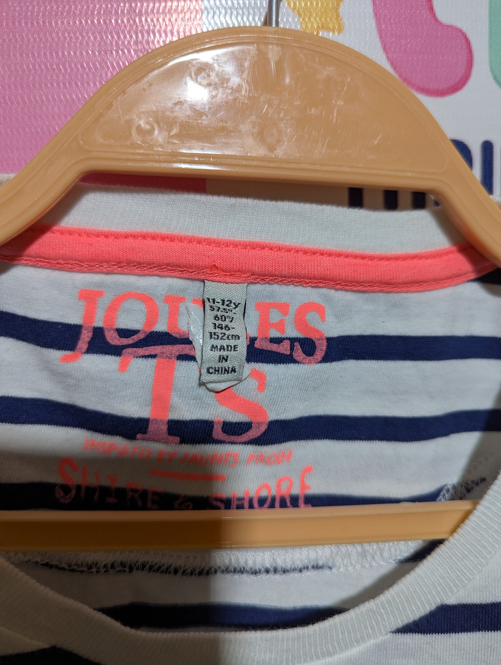 Joules Girls Navy & White Striped "Party Duck" Graphic Tee - Size Estimated Age 11-12 Years AB2
