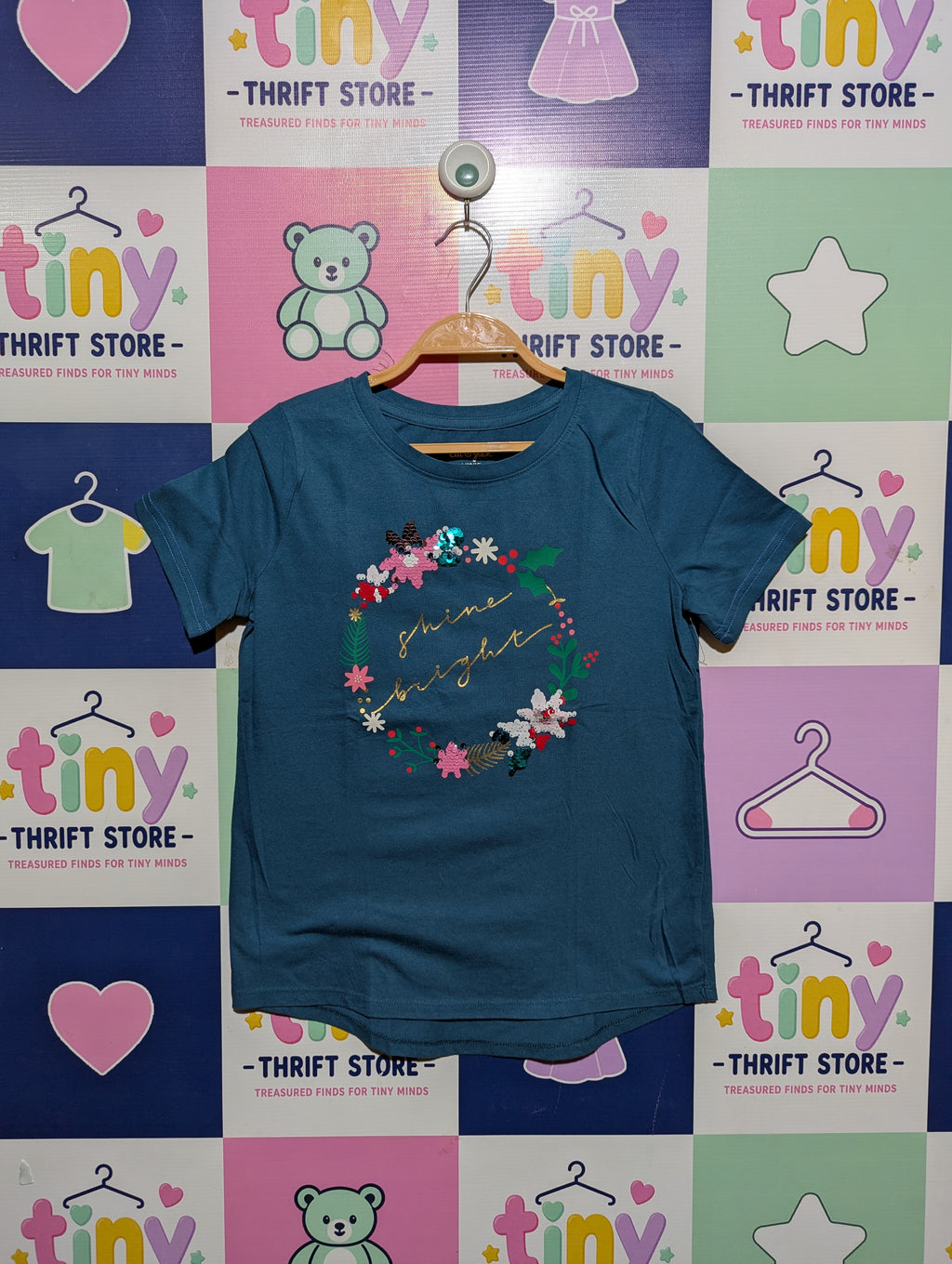 Cat & Jack Girls Teal "Shine Bright" Graphic Tee - Size Estimated Age 10-12 Years AB2