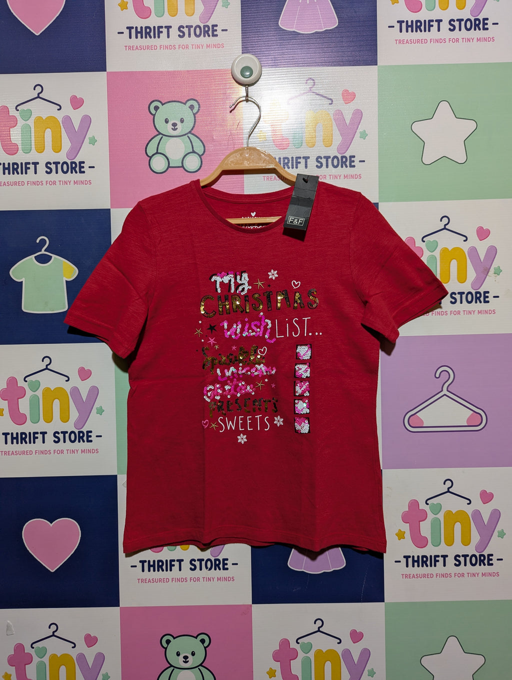 F&F Girls Red "Christmas Wish List" Graphic Tee - Size Estimated Age 10-11 Years AB2