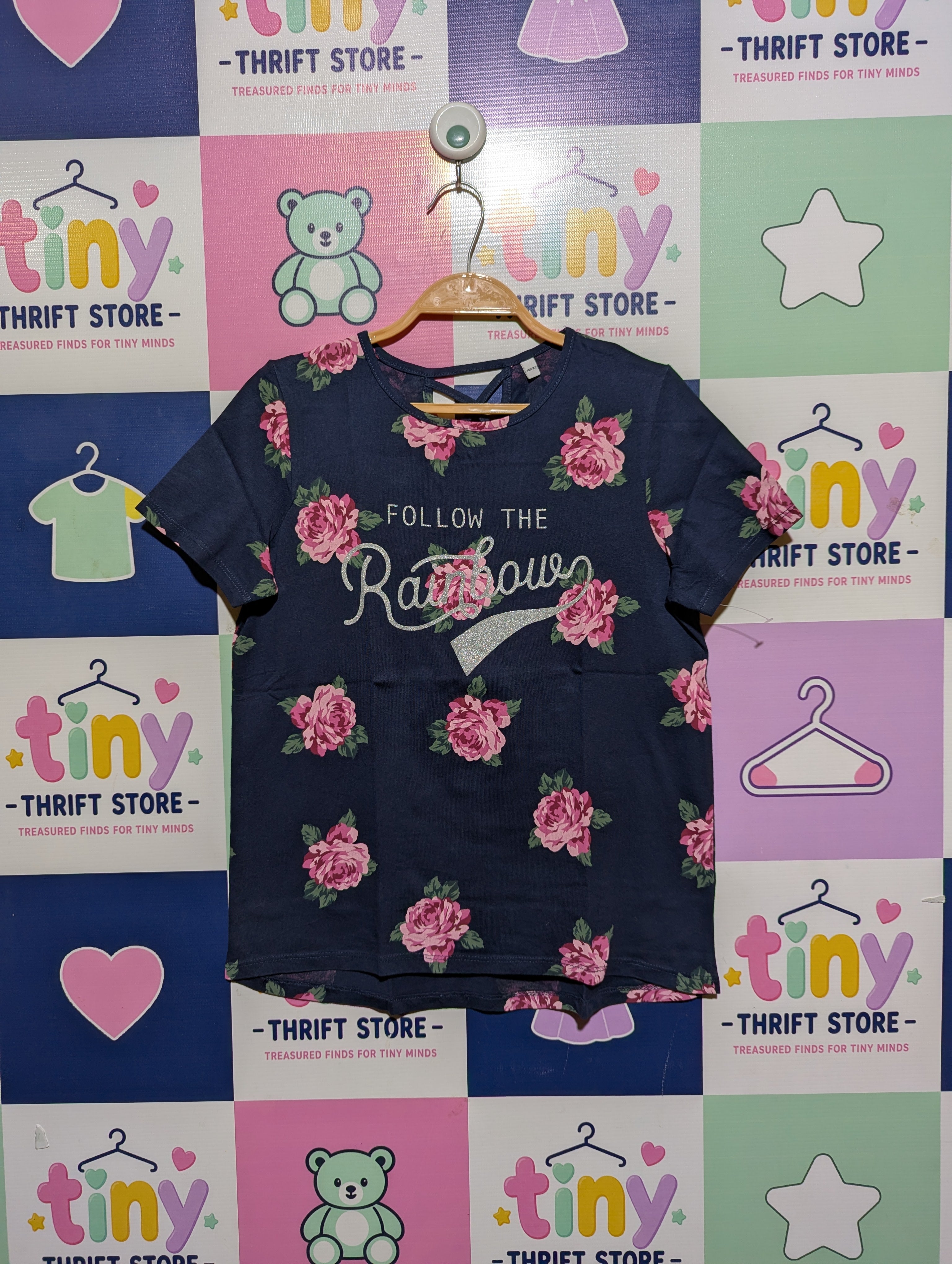 C&A Girls Navy Blue Floral "Follow The Rainbow" Graphic Tee - Size Estimated Age 10-12 Years AB2