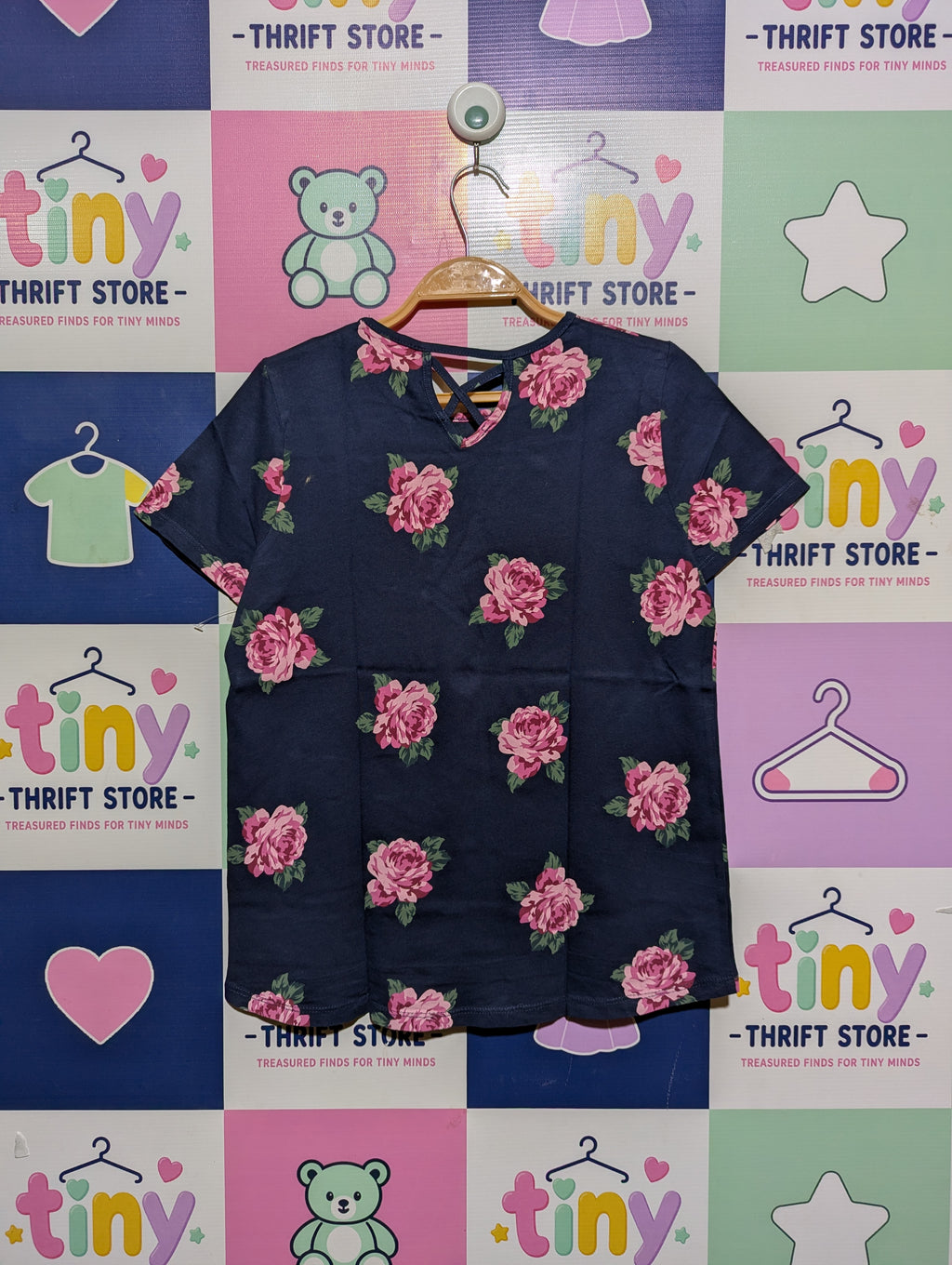 C&A Girls Navy Blue Floral "Follow The Rainbow" Graphic Tee - Size Estimated Age 10-12 Years AB2
