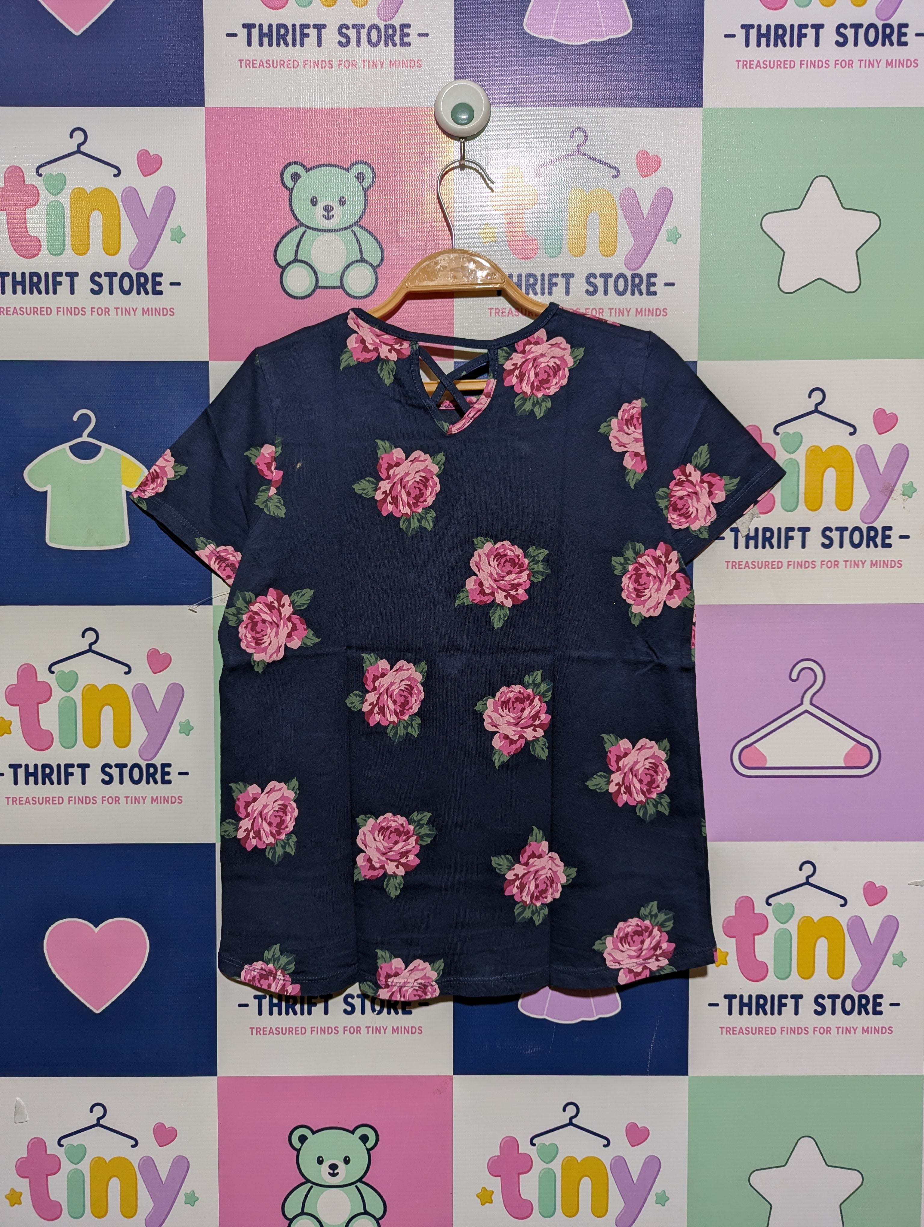 C&A Girls Navy Blue Floral "Follow The Rainbow" Graphic Tee - Size Estimated Age 10-12 Years AB2