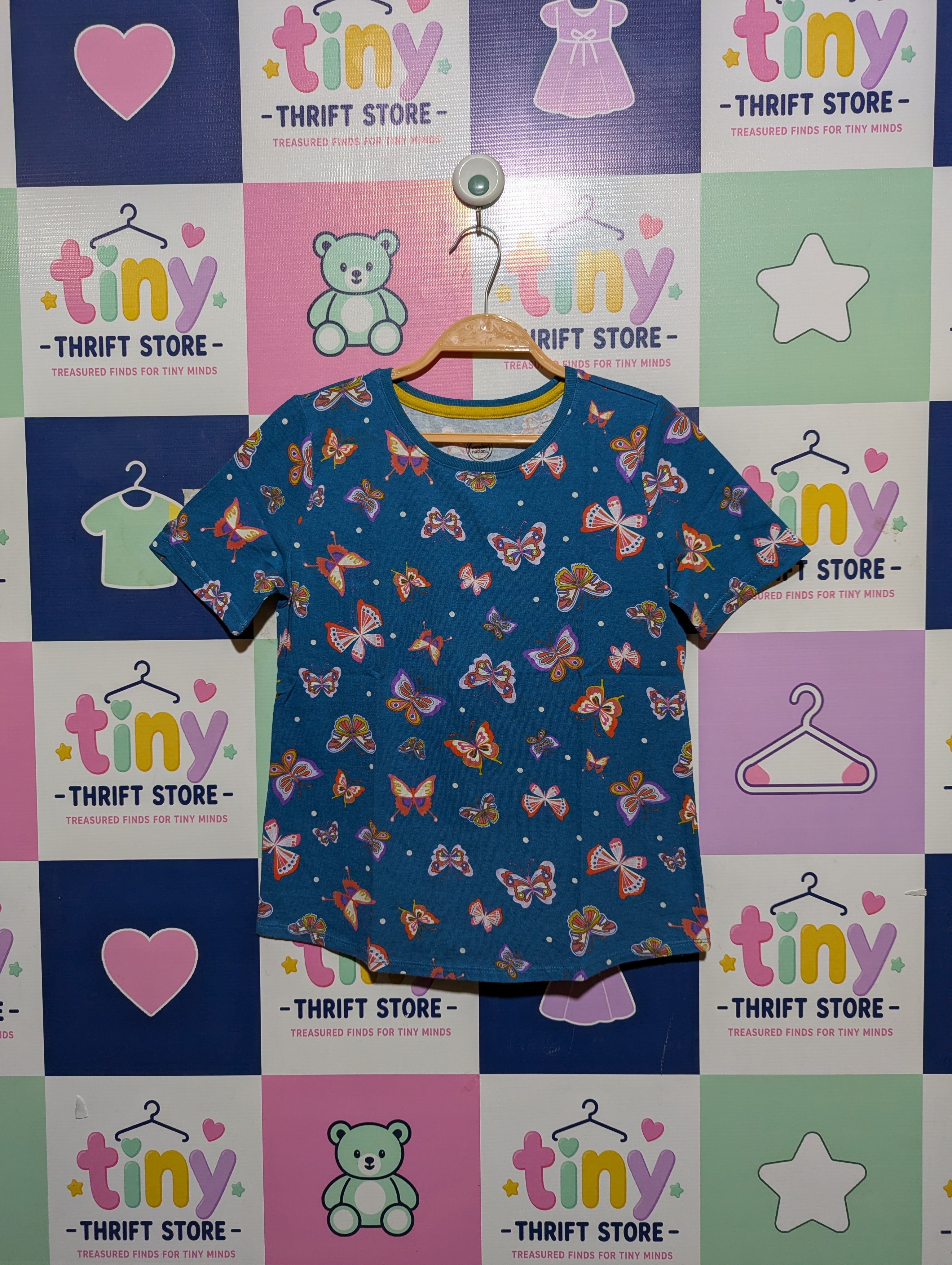 Wonder Nation Girls Teal "Colorful Butterfly" Print Short Sleeve Tee - Size L/G (10-12) Estimated Age 10-12 Years AB2