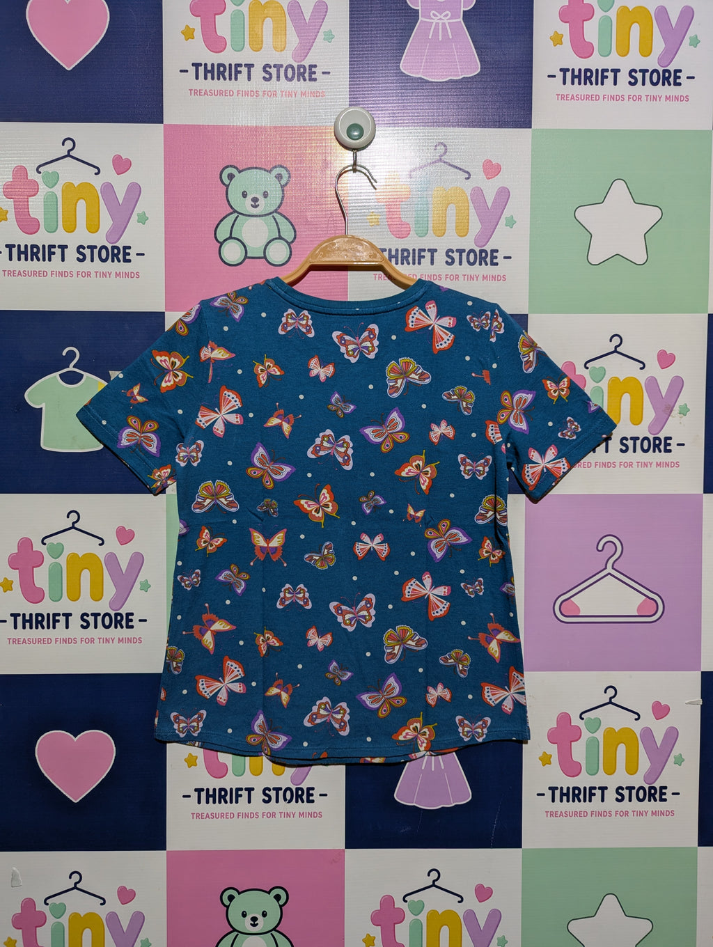 Wonder Nation Girls Teal "Colorful Butterfly" Print Short Sleeve Tee - Size L/G (10-12) Estimated Age 10-12 Years AB2
