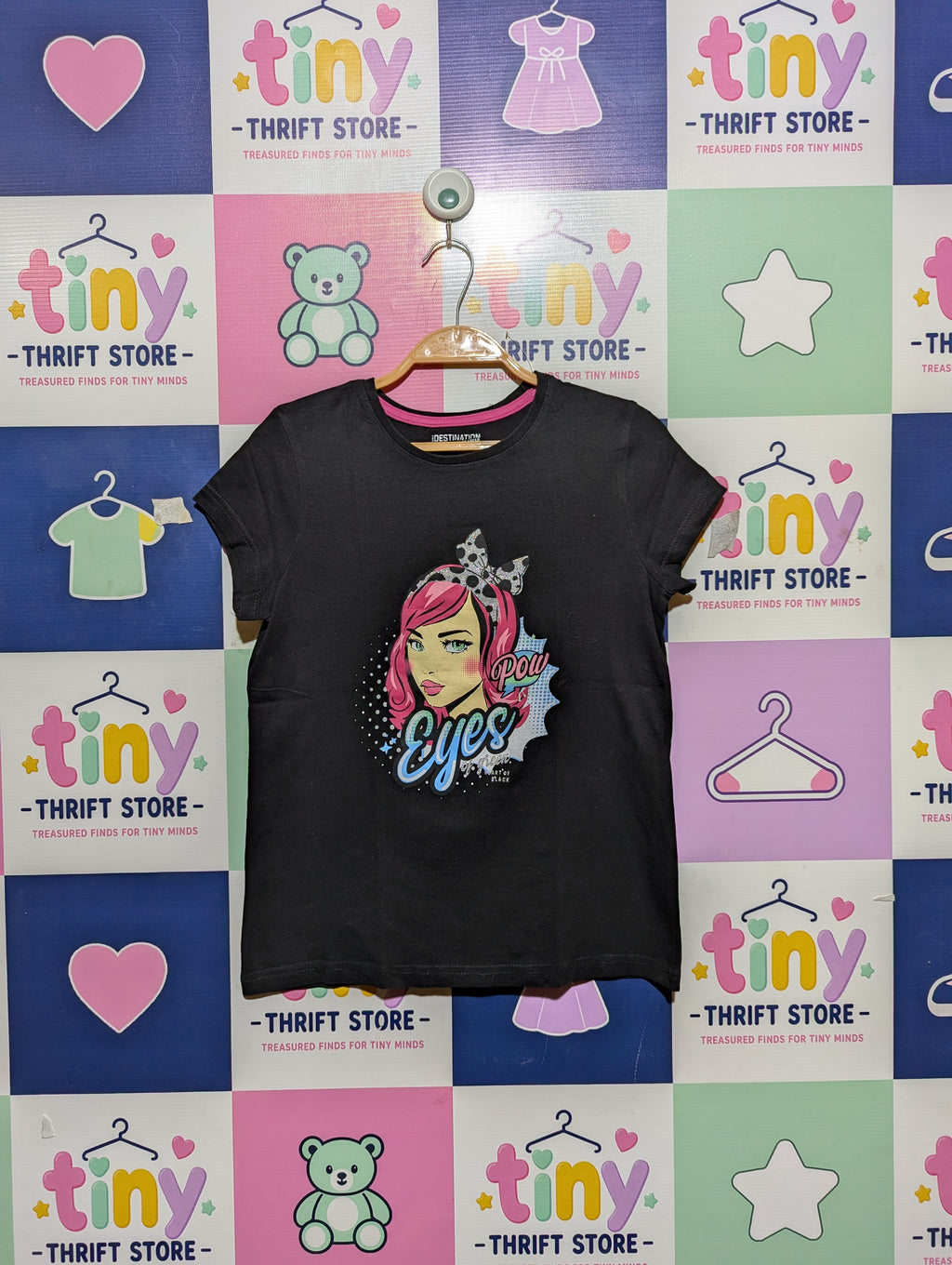 Destination Girls Black "Pow Eyes" Graphic Tee - Size 146/152 Estimated Age 10-12 Years AB2