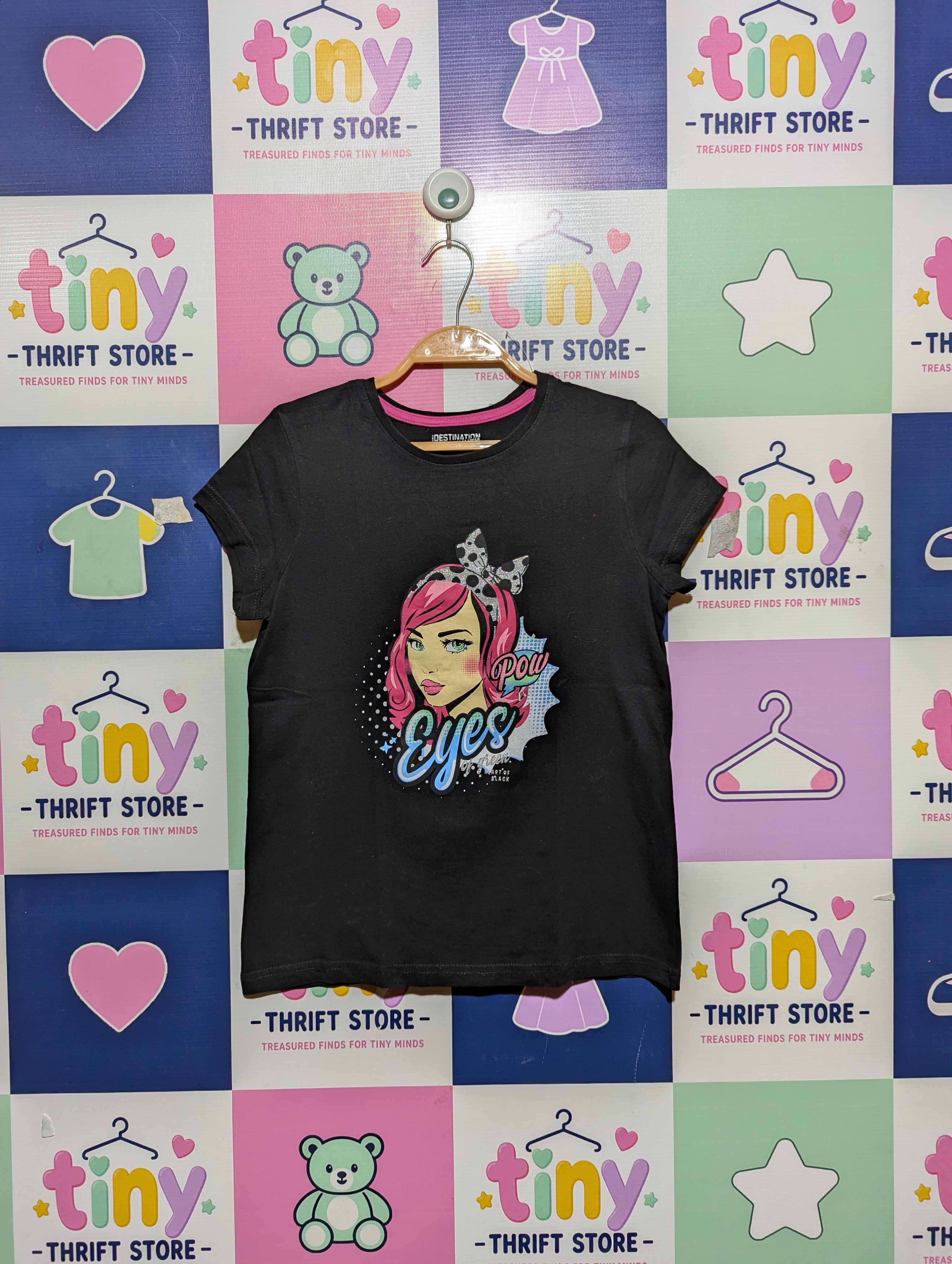 Destination Girls Black "Pow Eyes" Graphic Tee - Size 146/152 Estimated Age 10-12 Years AB2