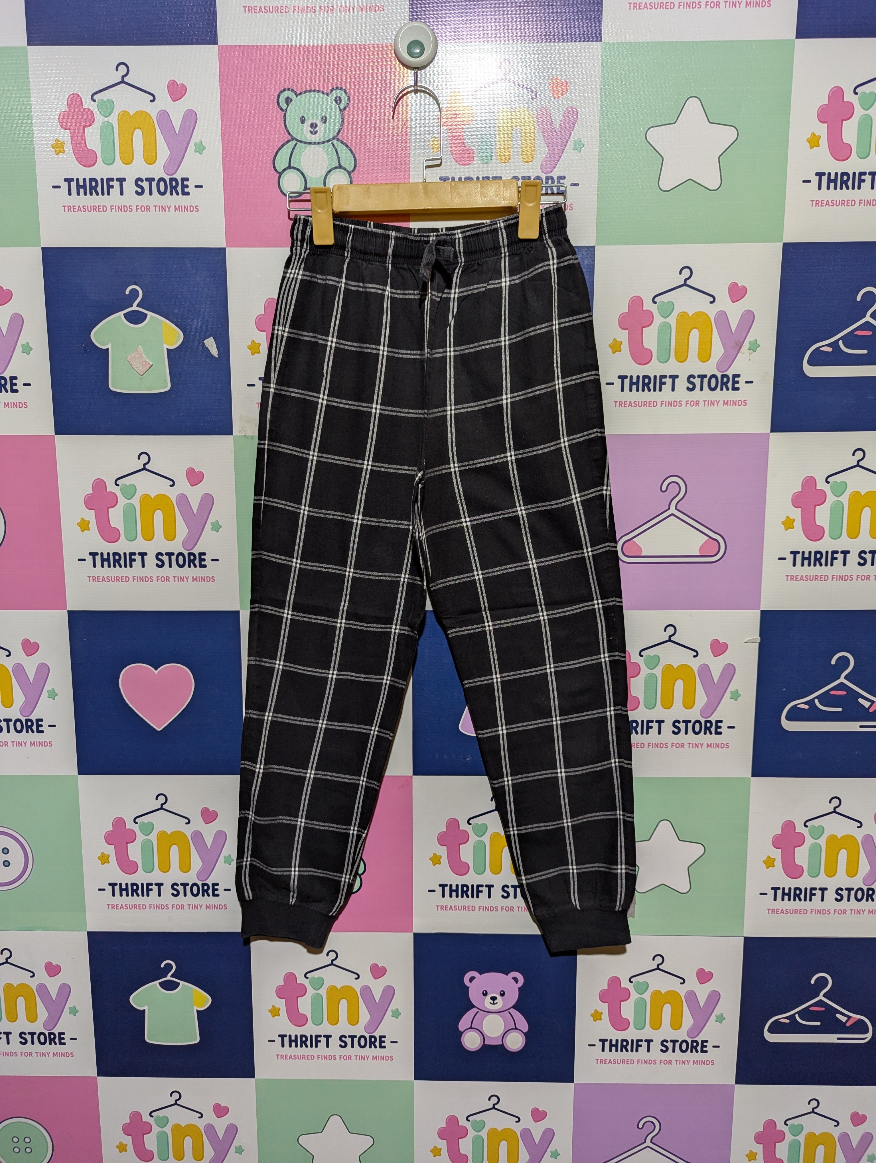 Marks & Spencer Boys Black Checkered Casual Jogger Pants - Size 10-11 Years (Estimated Age 10-11 Years) AB2
