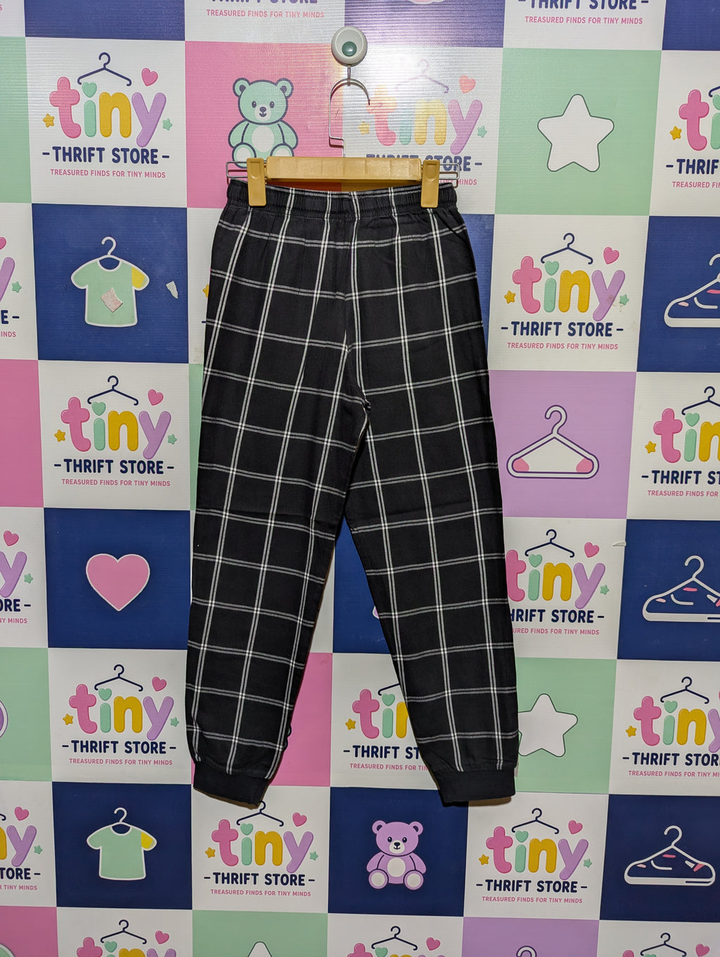 Marks & Spencer Boys Black Checkered Casual Jogger Pants - Size 10-11 Years (Estimated Age 10-11 Years) AB2