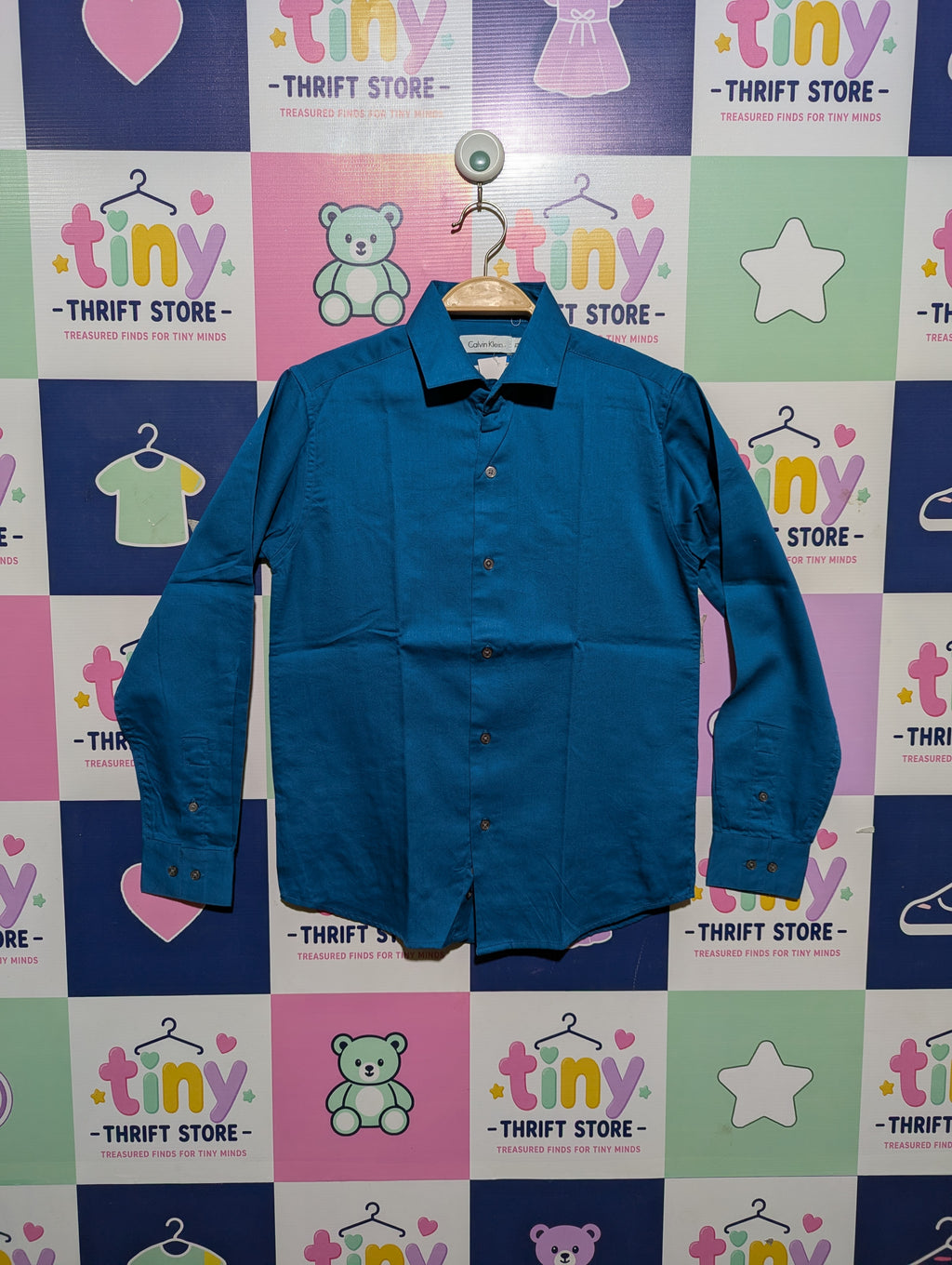 Calvin Klein Boys Vibrant Teal Sateen Button-Down Shirt - Size 12 Estimated Age 10-12 Years AB2