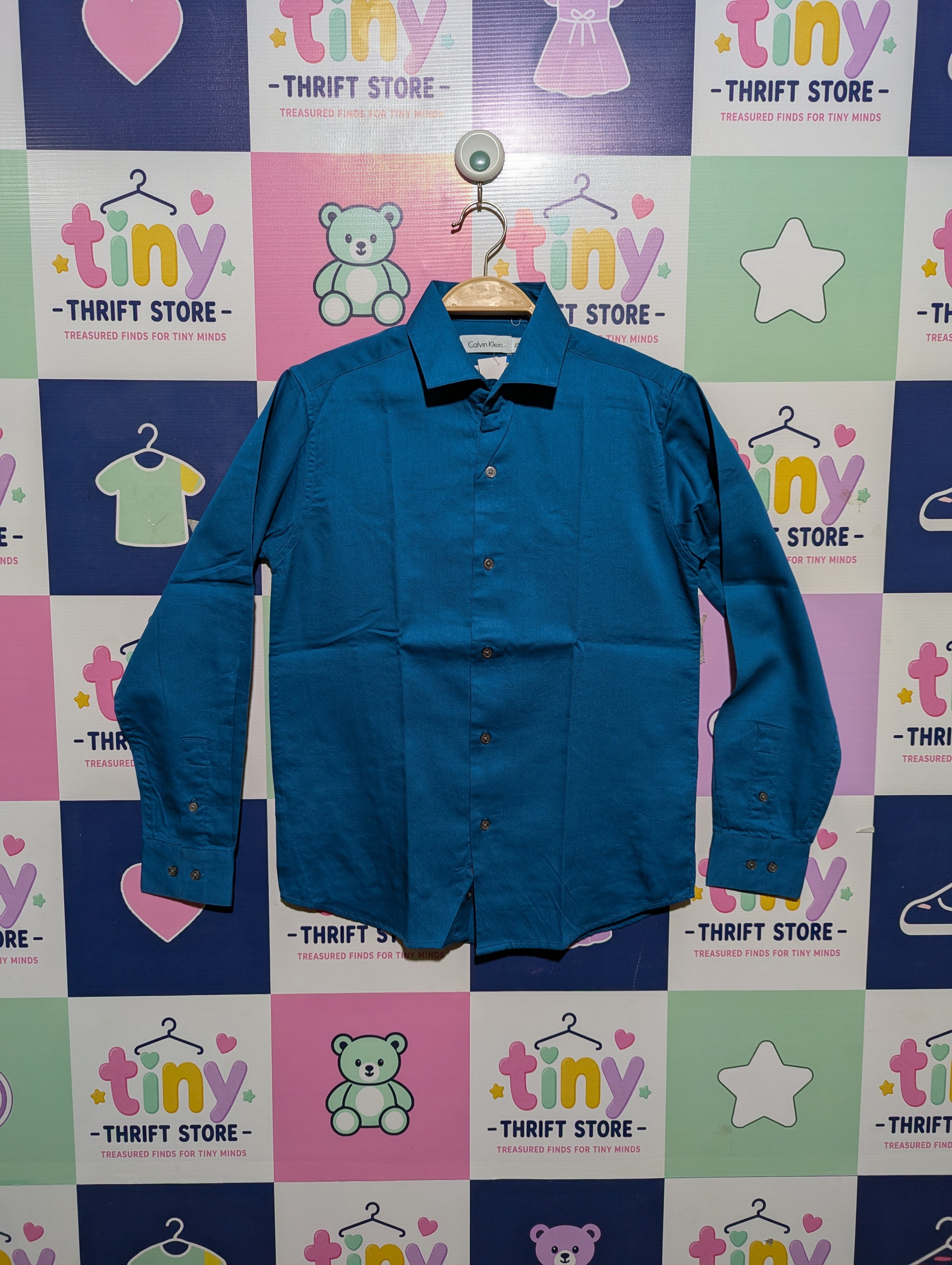 Calvin Klein Boys Vibrant Teal Sateen Button-Down Shirt - Size 12 Estimated Age 10-12 Years AB2