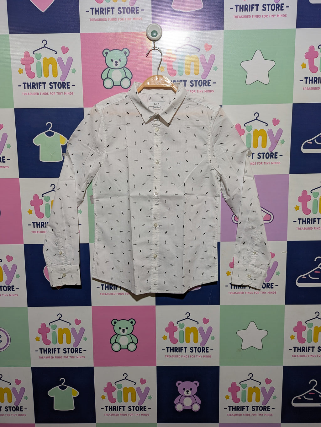 LH Boys White "Lightning Bolt" Pattern Button-Down Shirt - Size 12A (152 cm) Estimated Age 12 Years AB2