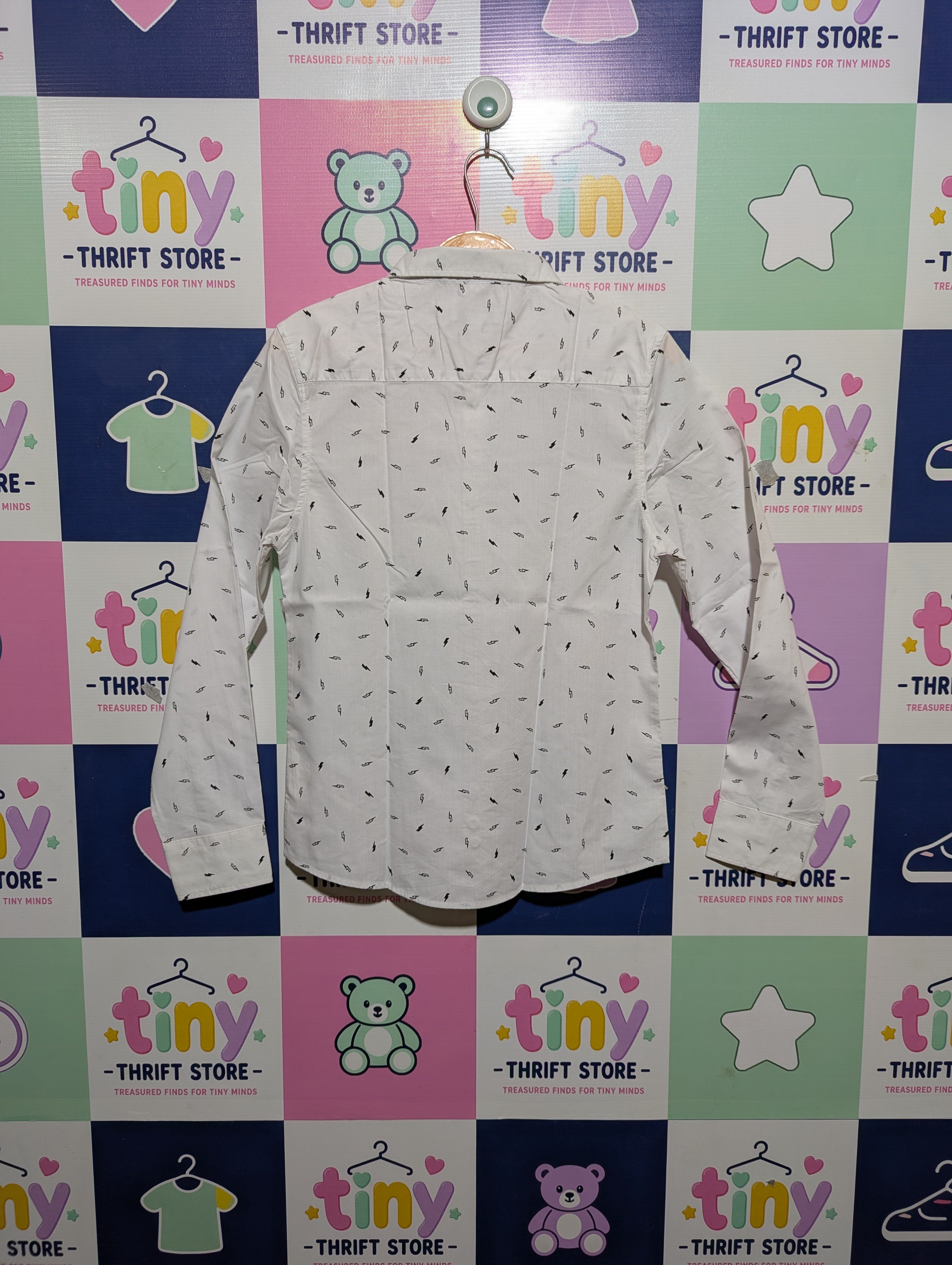 LH Boys White "Lightning Bolt" Pattern Button-Down Shirt - Size 12A (152 cm) Estimated Age 12 Years AB2