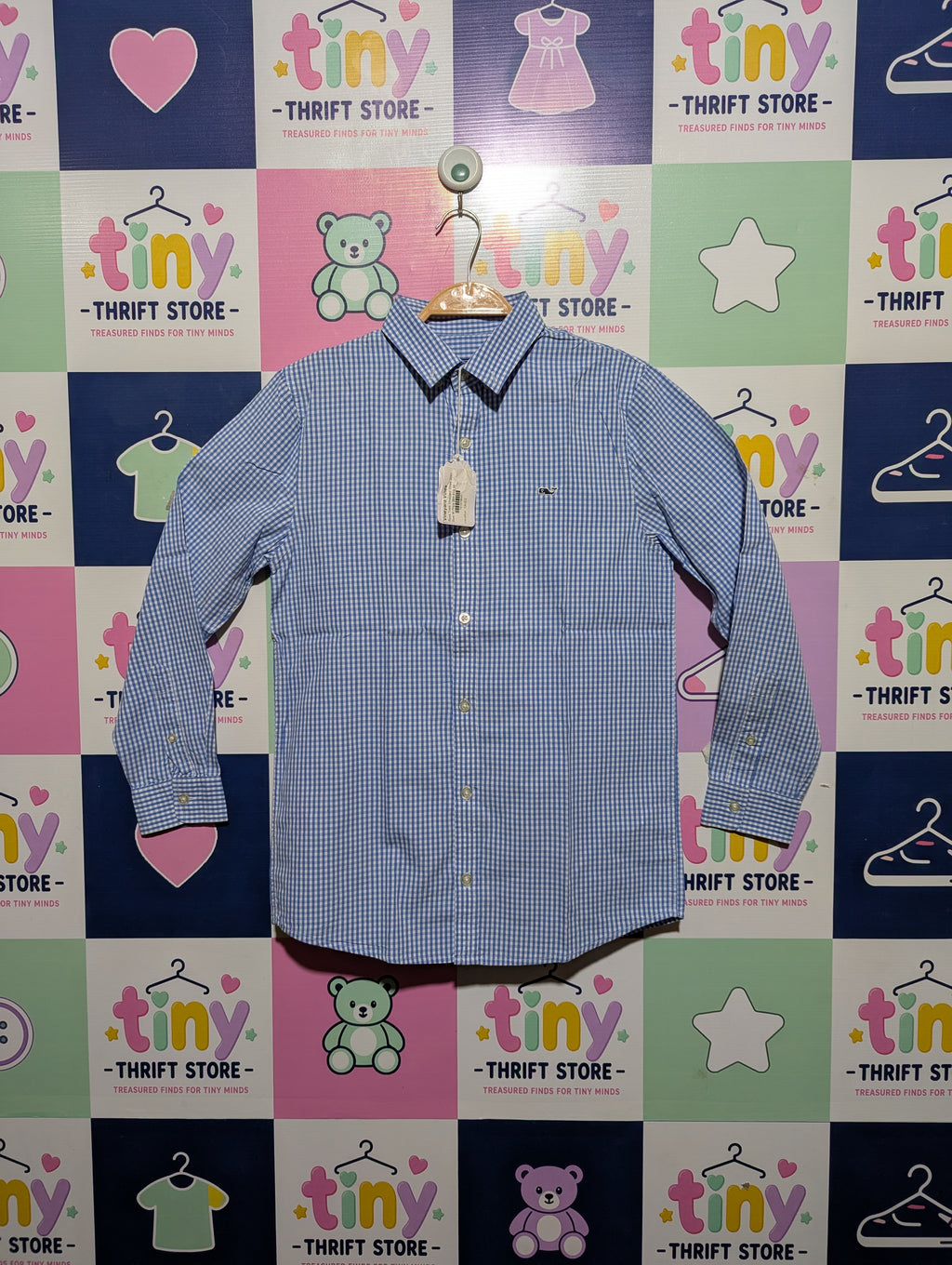 Vineyard Vines Boys Blue & White Gingham "Whale" Button-Down Shirt - Size Estimated Age 11 to 12 Years AB2