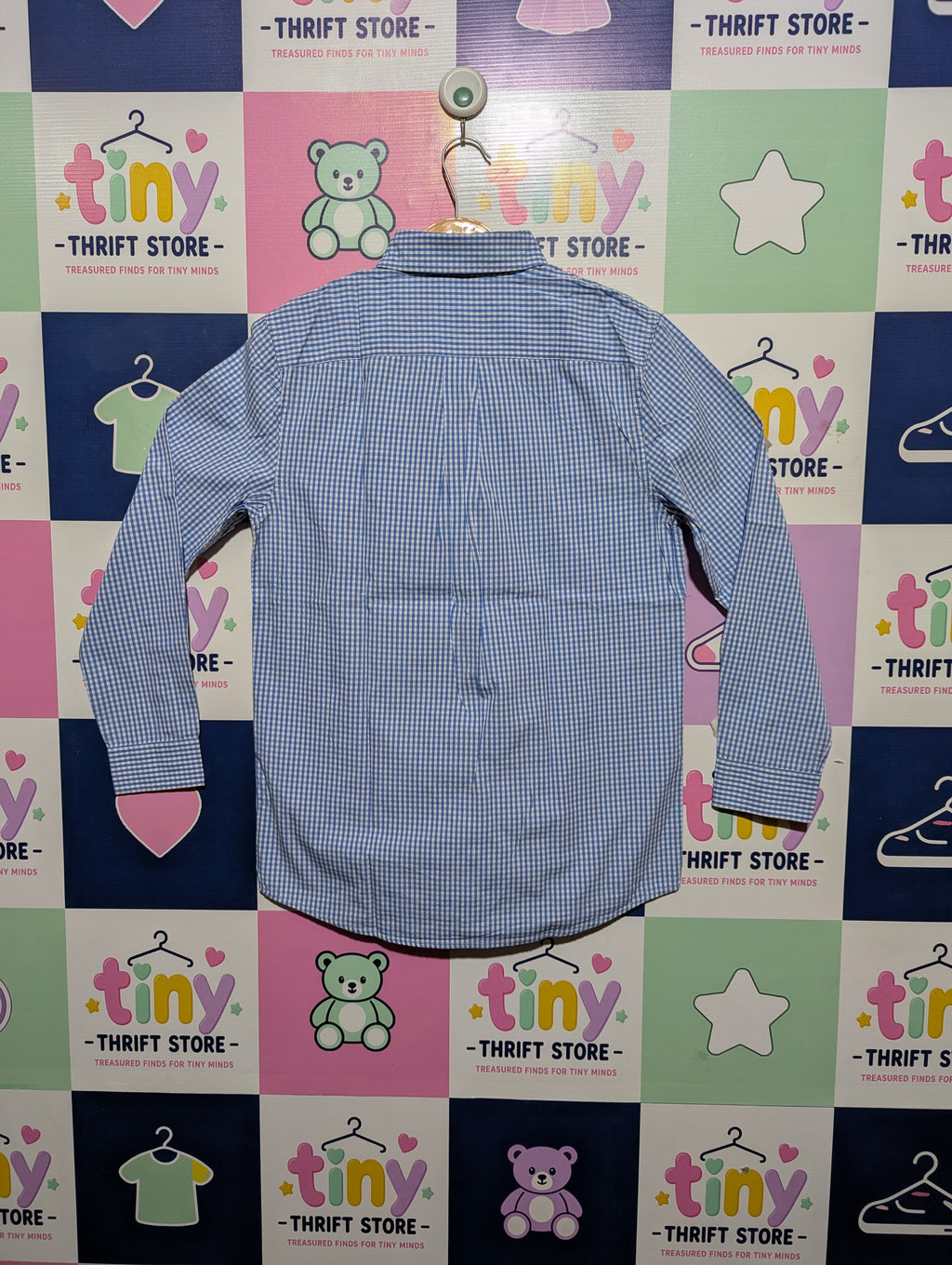Vineyard Vines Boys Blue & White Gingham "Whale" Button-Down Shirt - Size Estimated Age 11 to 12 Years AB2