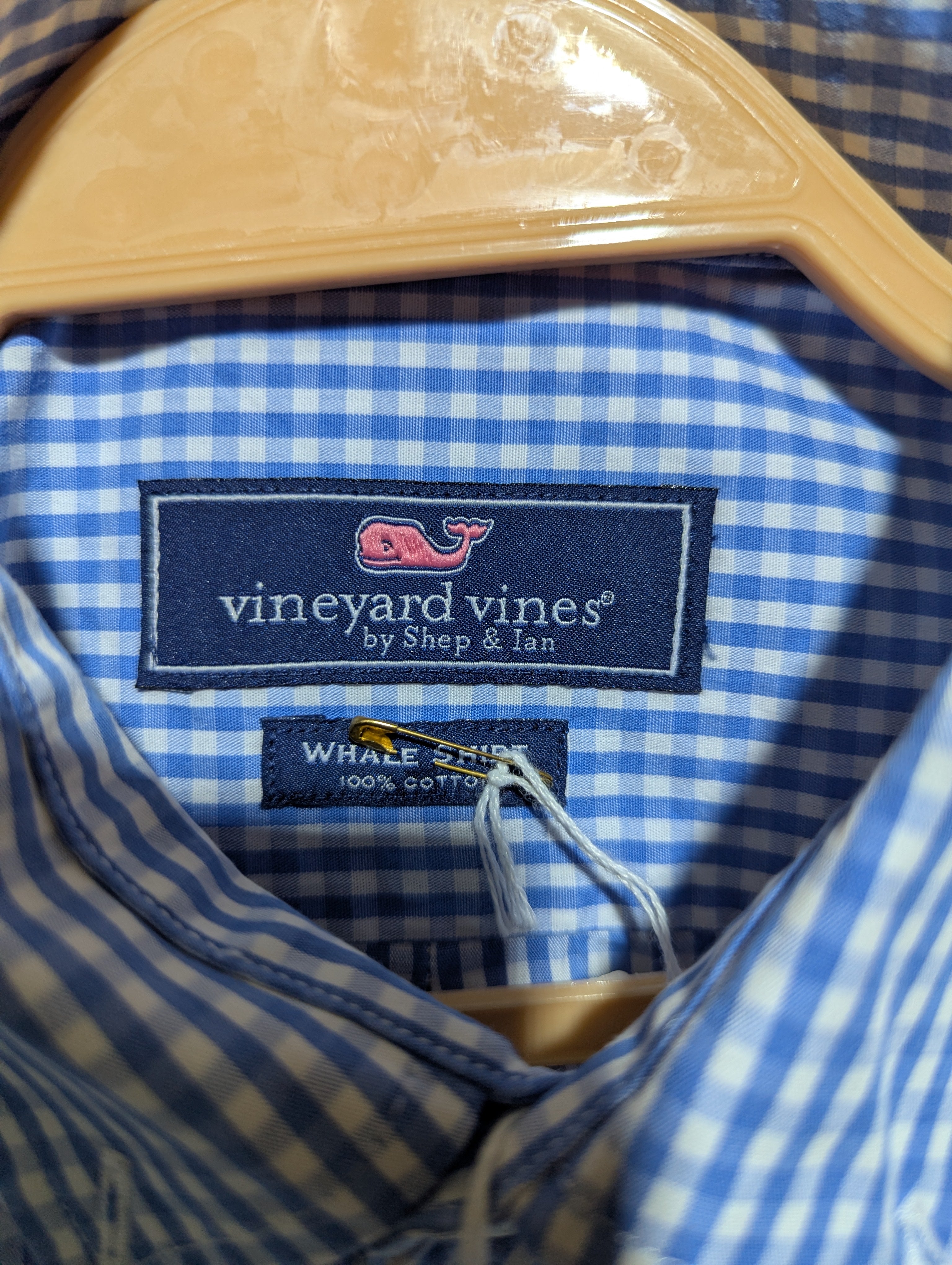 Vineyard Vines Boys Blue & White Gingham "Whale" Button-Down Shirt - Size Estimated Age 11 to 12 Years AB2