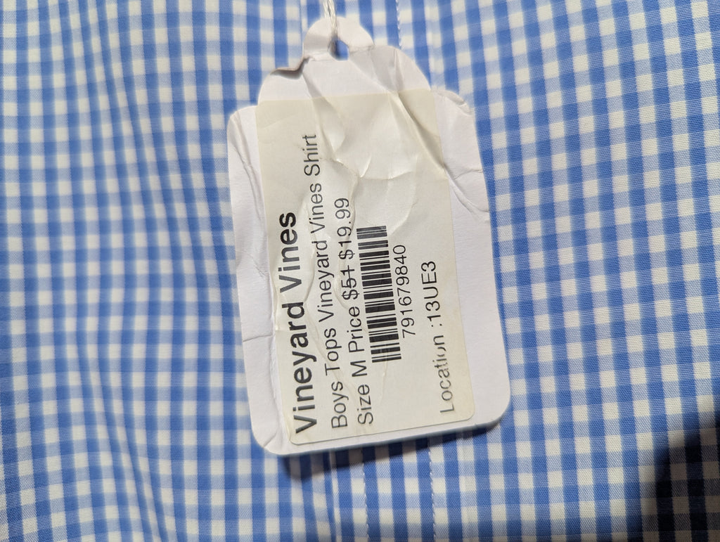 Vineyard Vines Boys Blue & White Gingham "Whale" Button-Down Shirt - Size Estimated Age 11 to 12 Years AB2
