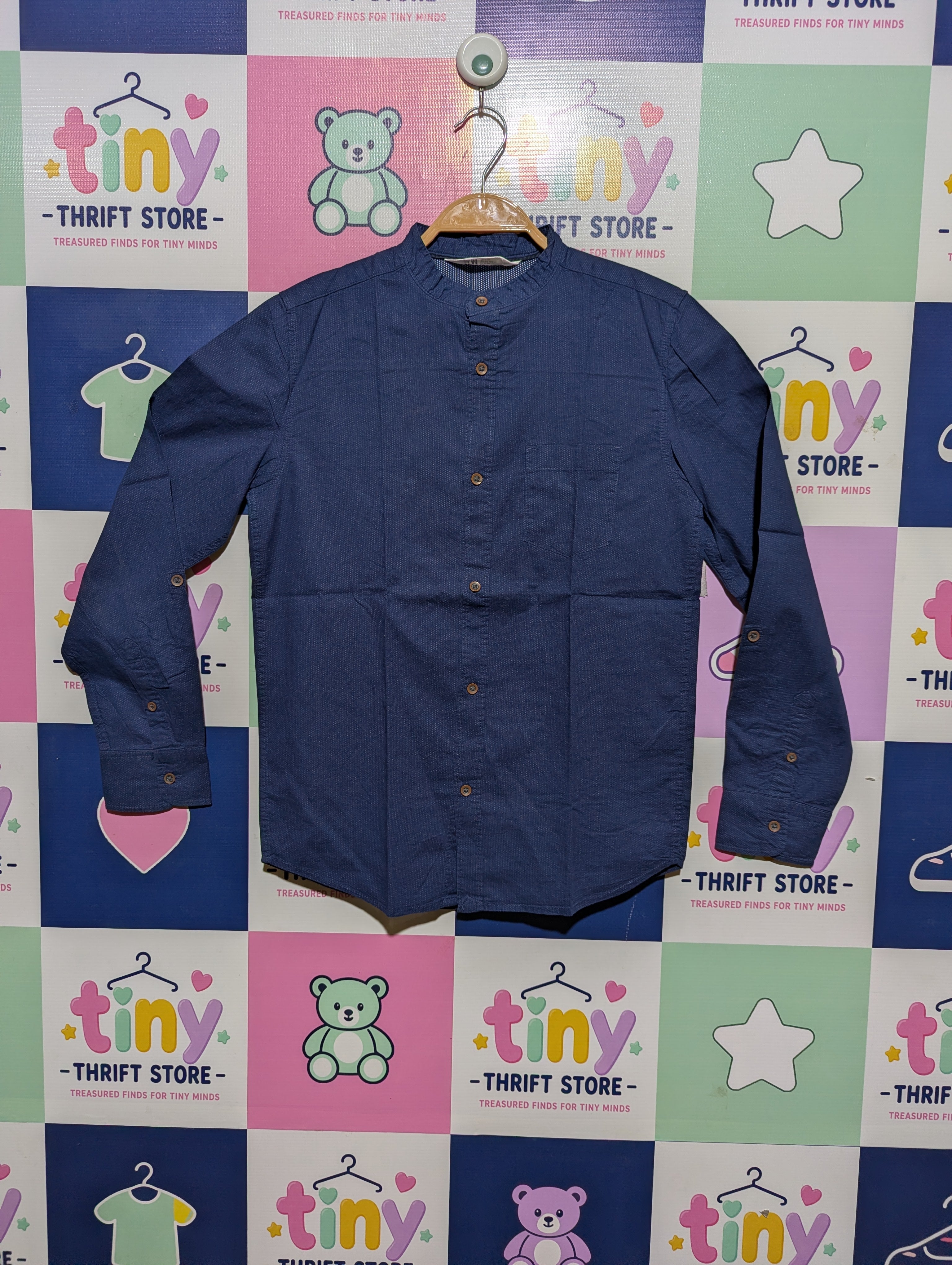 H&M Boys Navy Blue Mandarin Collar Long Sleeve Shirt - Size 11-12 Years Estimated Age 11-12 Years AB2