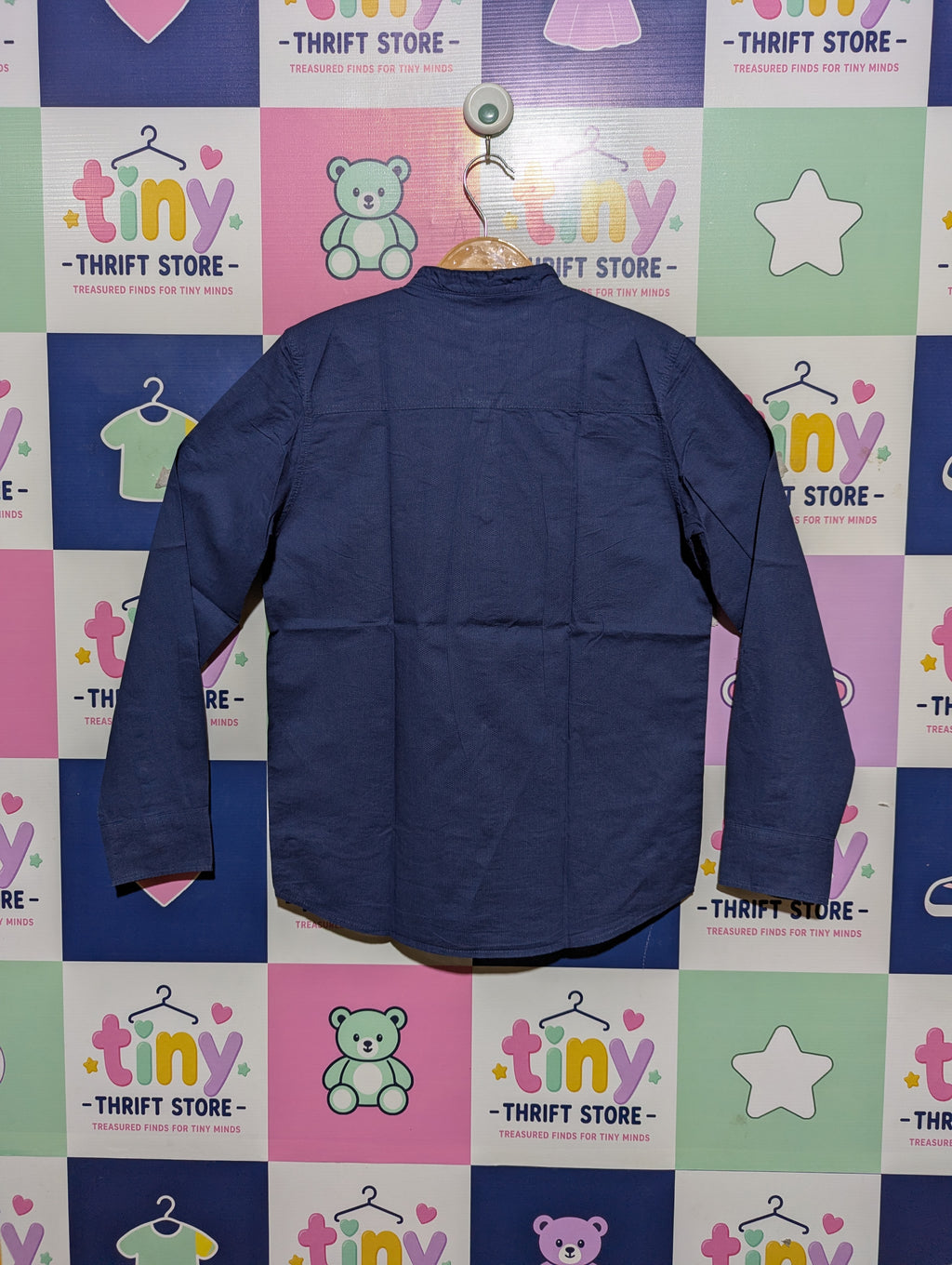 H&M Boys Navy Blue Mandarin Collar Long Sleeve Shirt - Size 11-12 Years Estimated Age 11-12 Years AB2