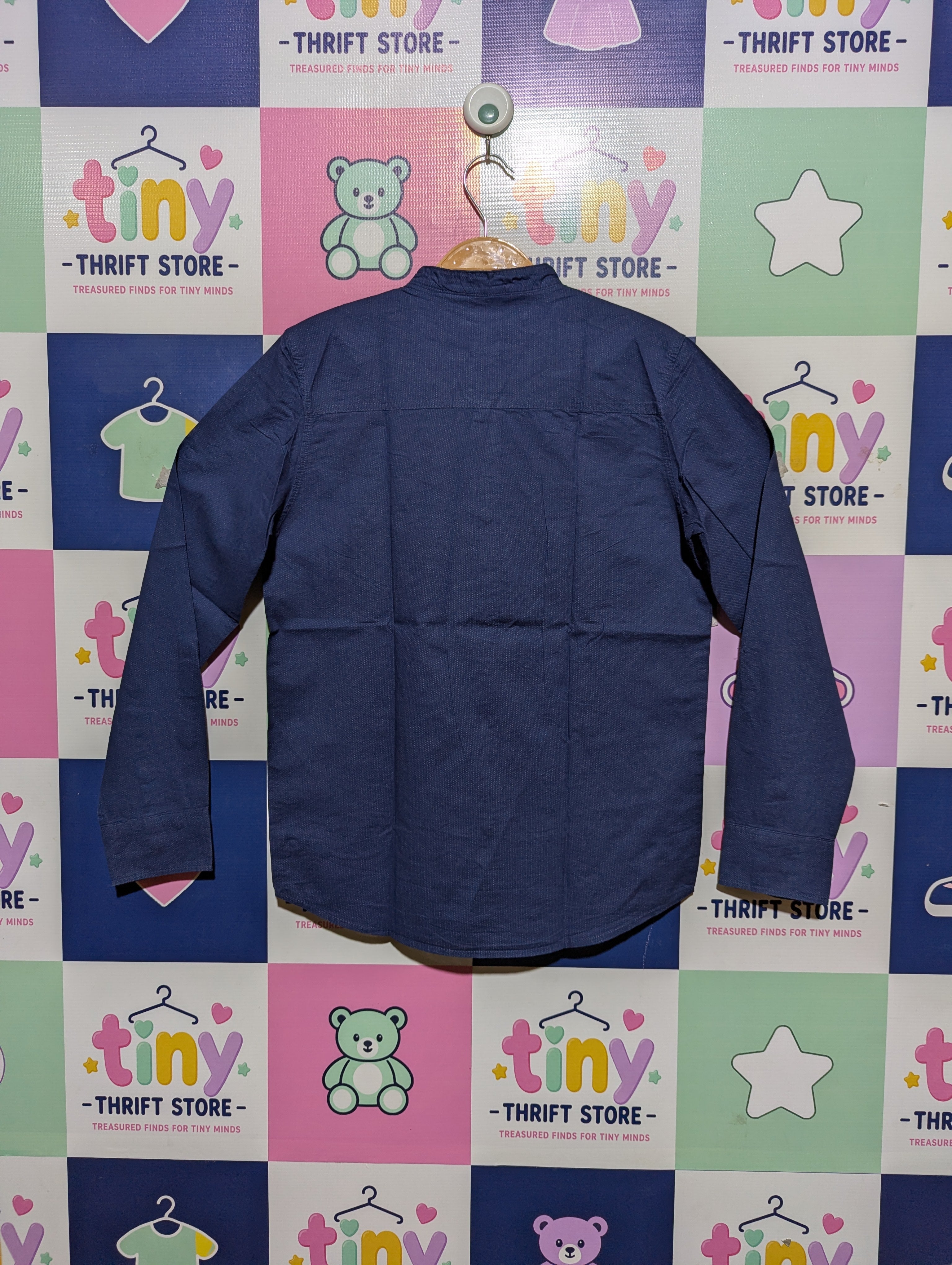 H&M Boys Navy Blue Mandarin Collar Long Sleeve Shirt - Size 11-12 Years Estimated Age 11-12 Years AB2