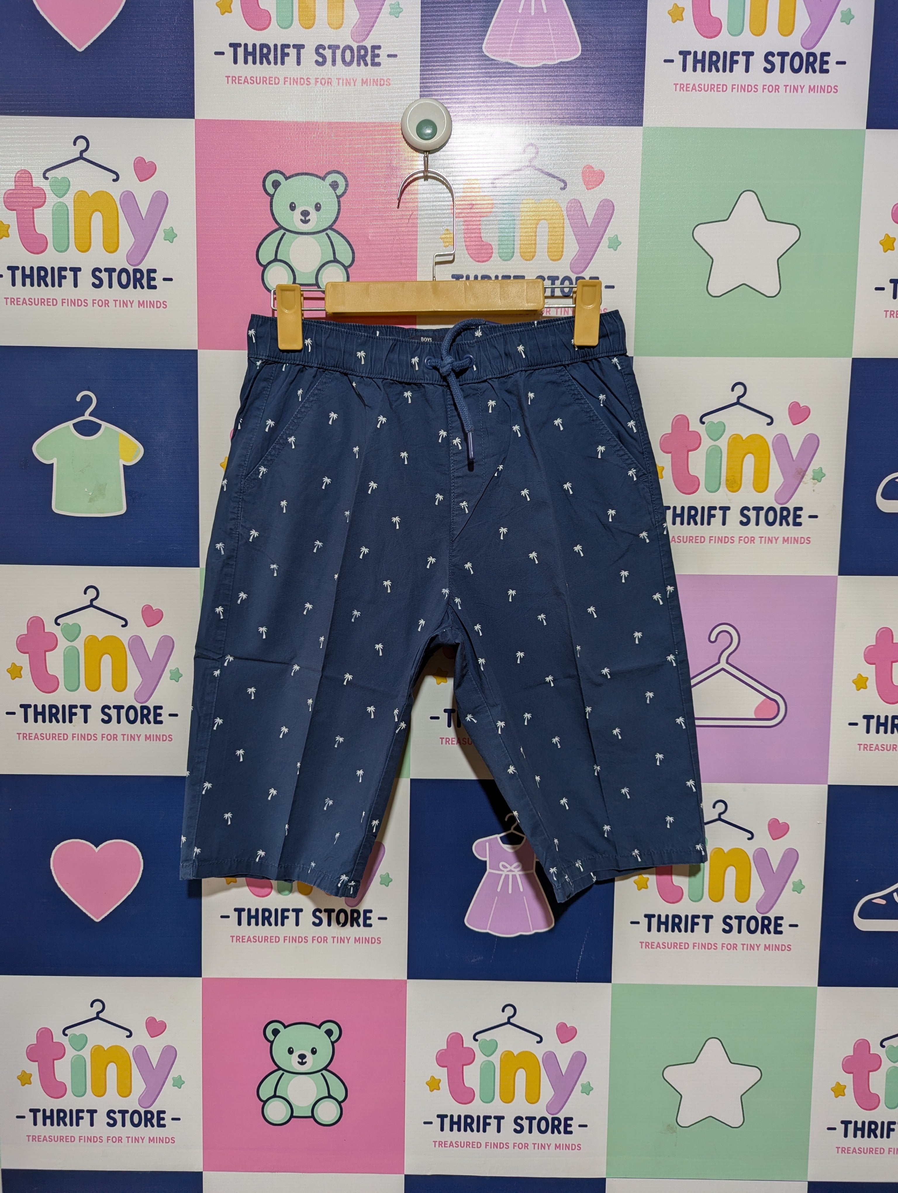 Boys Navy Blue Palm Tree Print Casual Shorts - Size Estimated Age 13 Years AB2