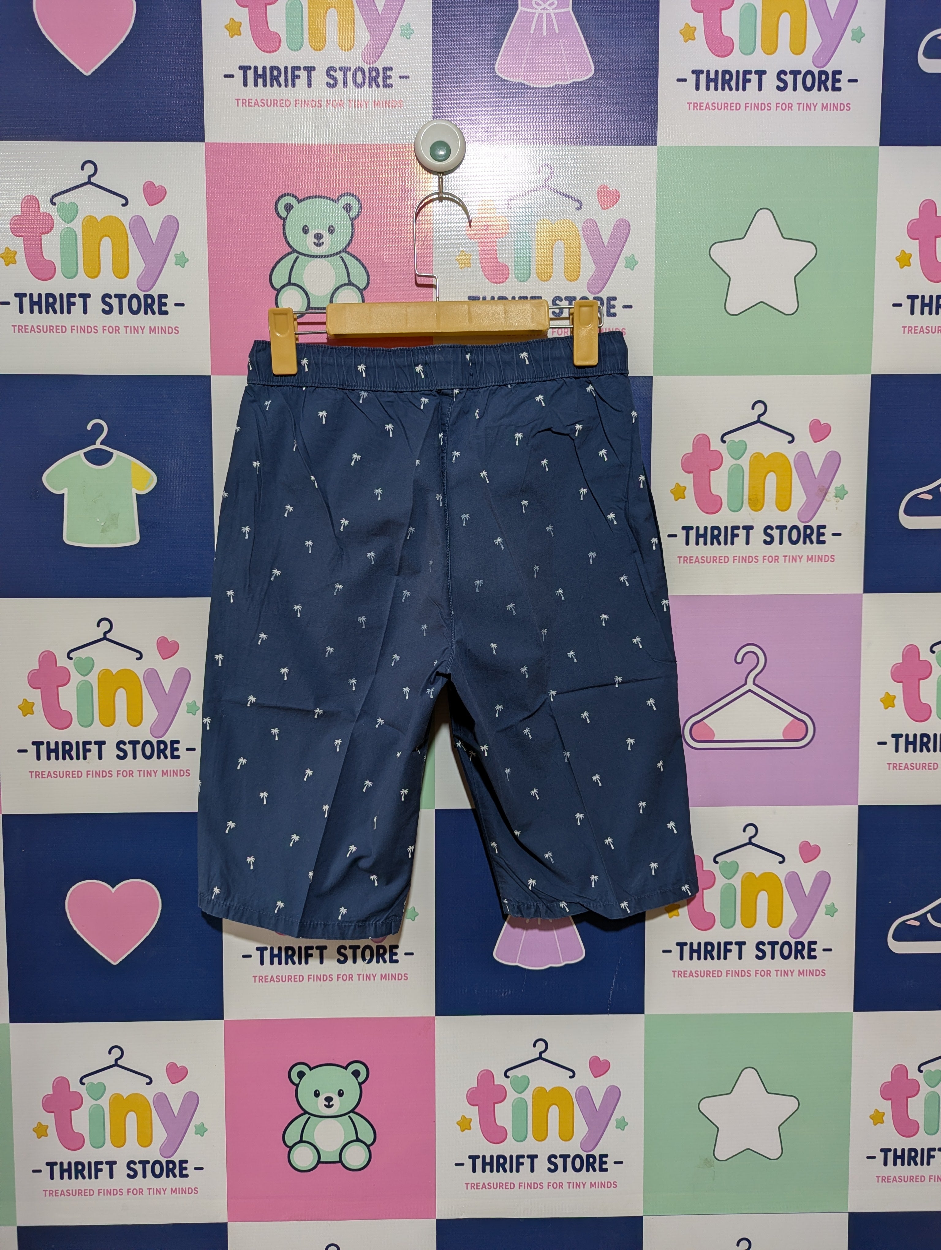 Boys Navy Blue Palm Tree Print Casual Shorts - Size Estimated Age 13 Years AB2