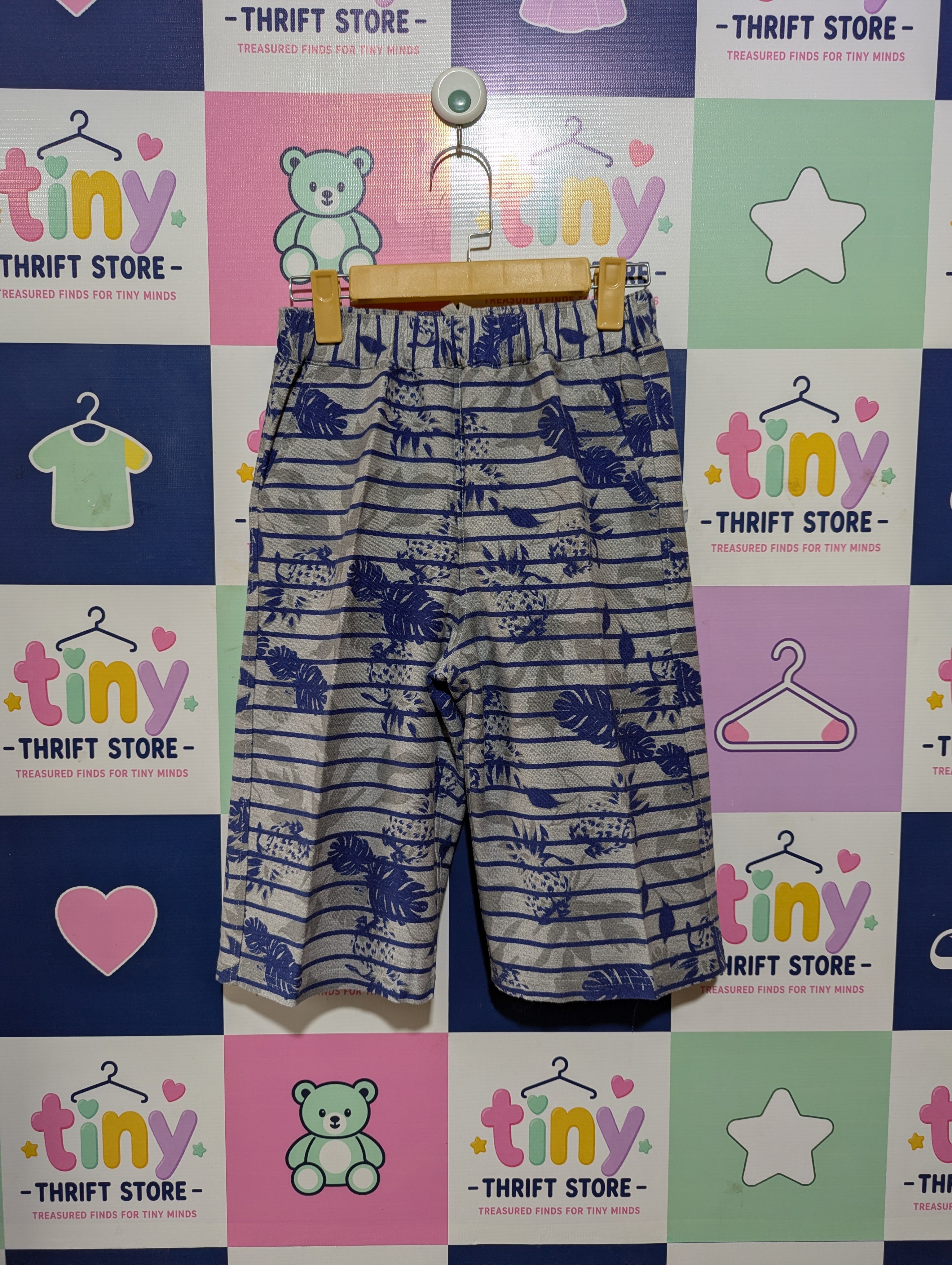 R/H Boys Grey Striped "Pineapple & Leaf" Print Casual Shorts - Size 160 cm Estimated Age 13 Years AB2