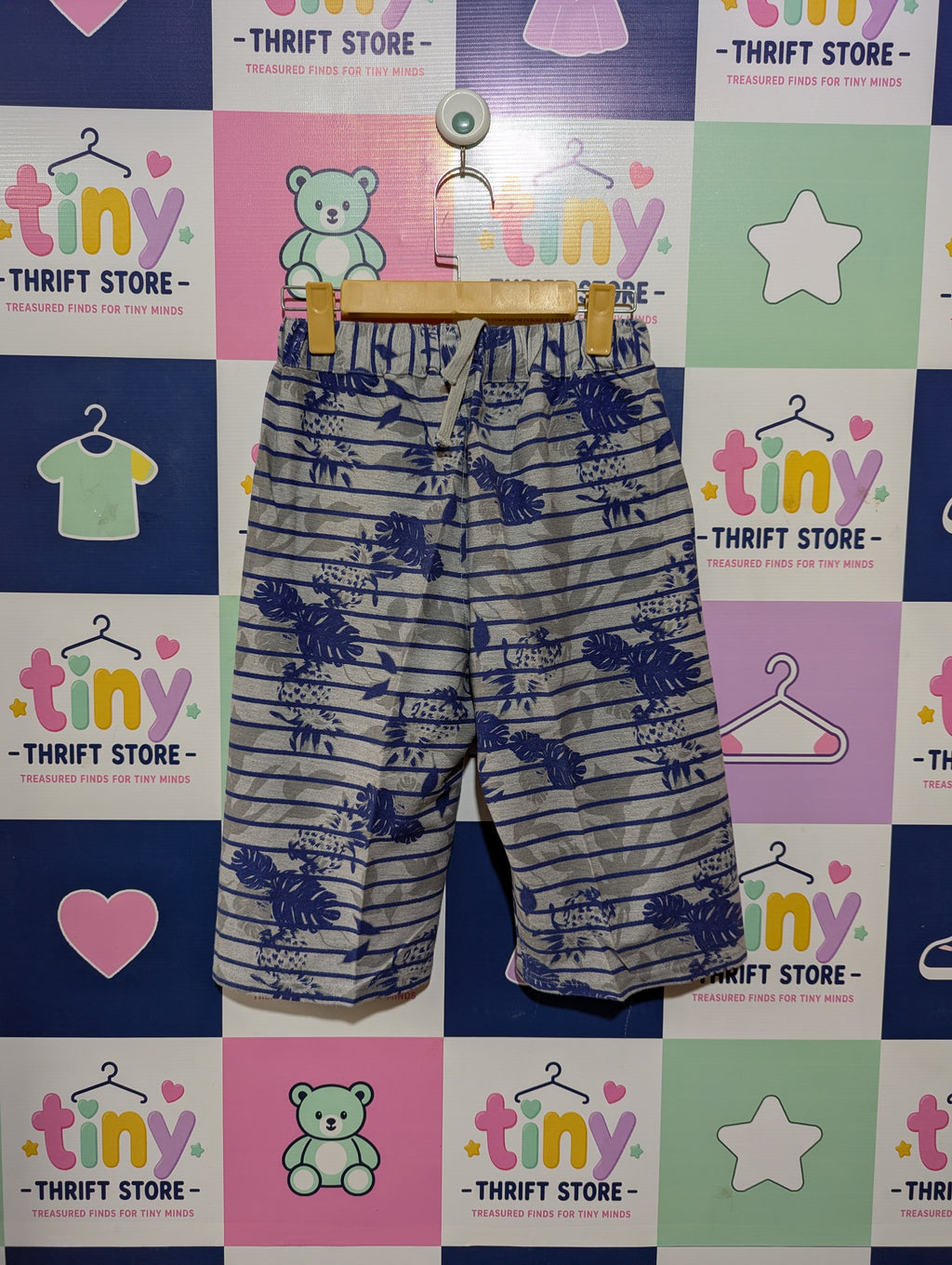 R/H Boys Grey Striped "Pineapple & Leaf" Print Casual Shorts - Size 160 cm Estimated Age 13 Years AB2