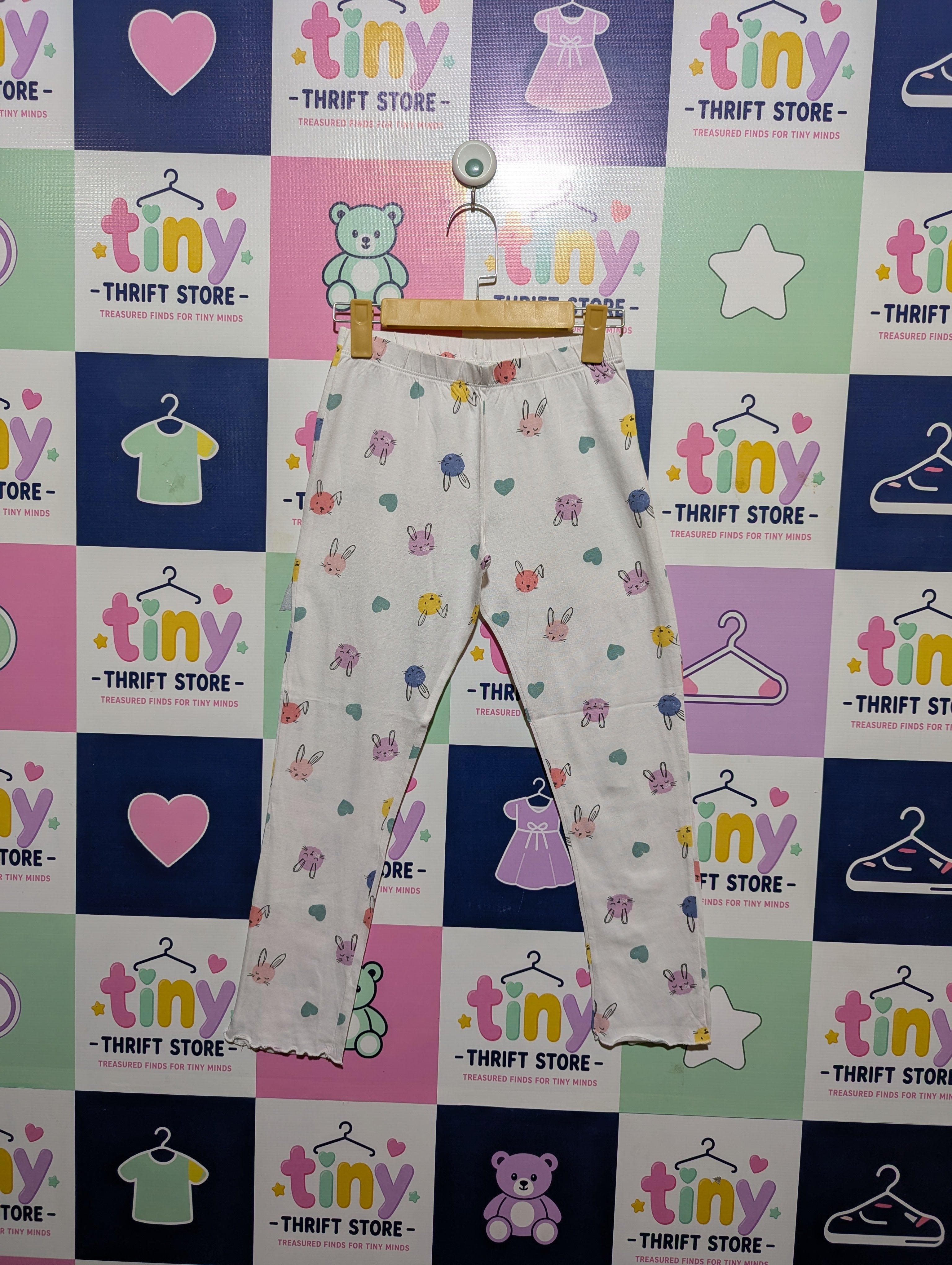 F&F Girls White "Cute Bunny & Heart" Printed Leggings - Size 9-10 Years (Estimated Age 9-10 Years) AB2