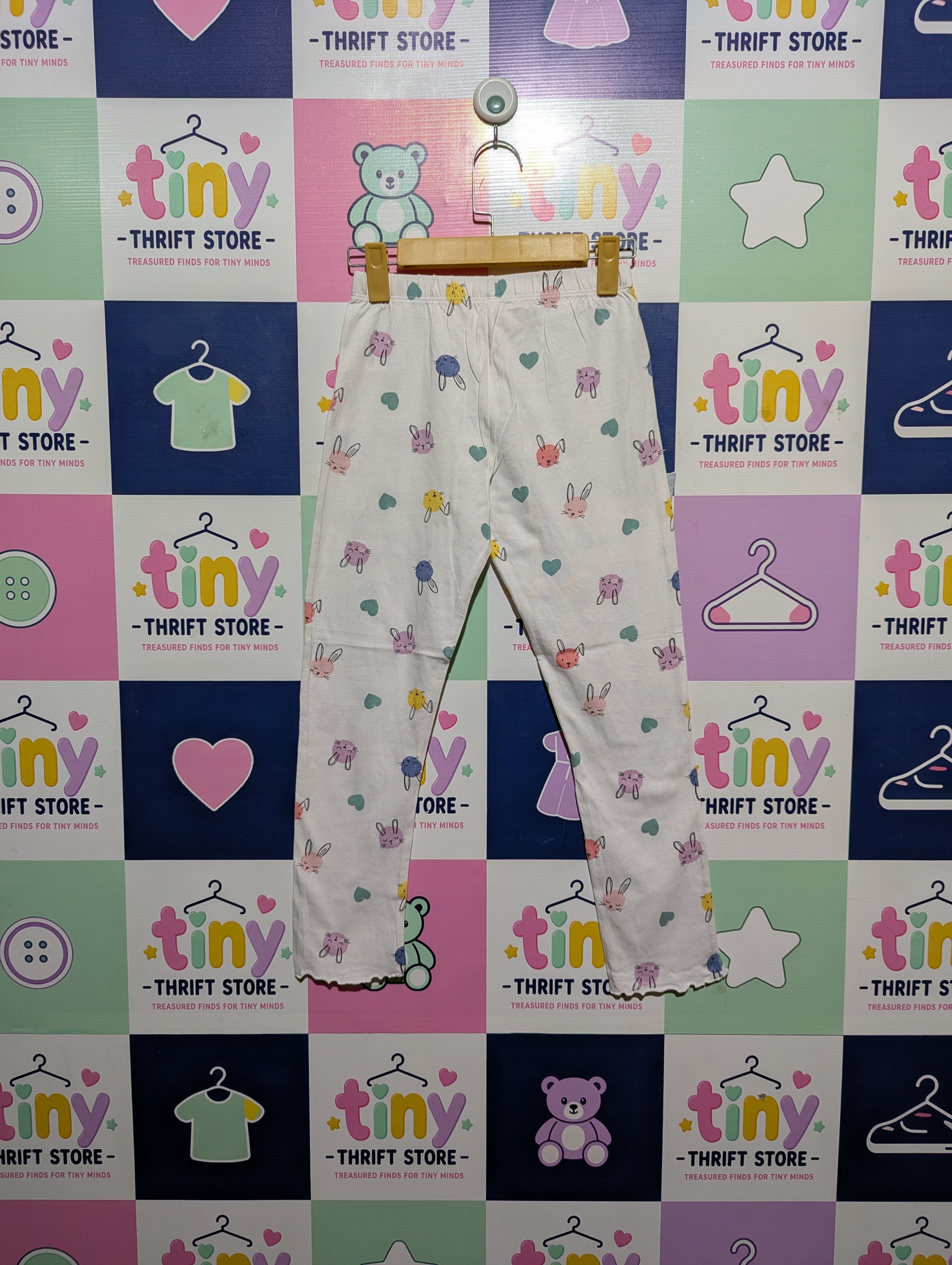 F&F Girls White "Cute Bunny & Heart" Printed Leggings - Size 9-10 Years (Estimated Age 9-10 Years) AB2
