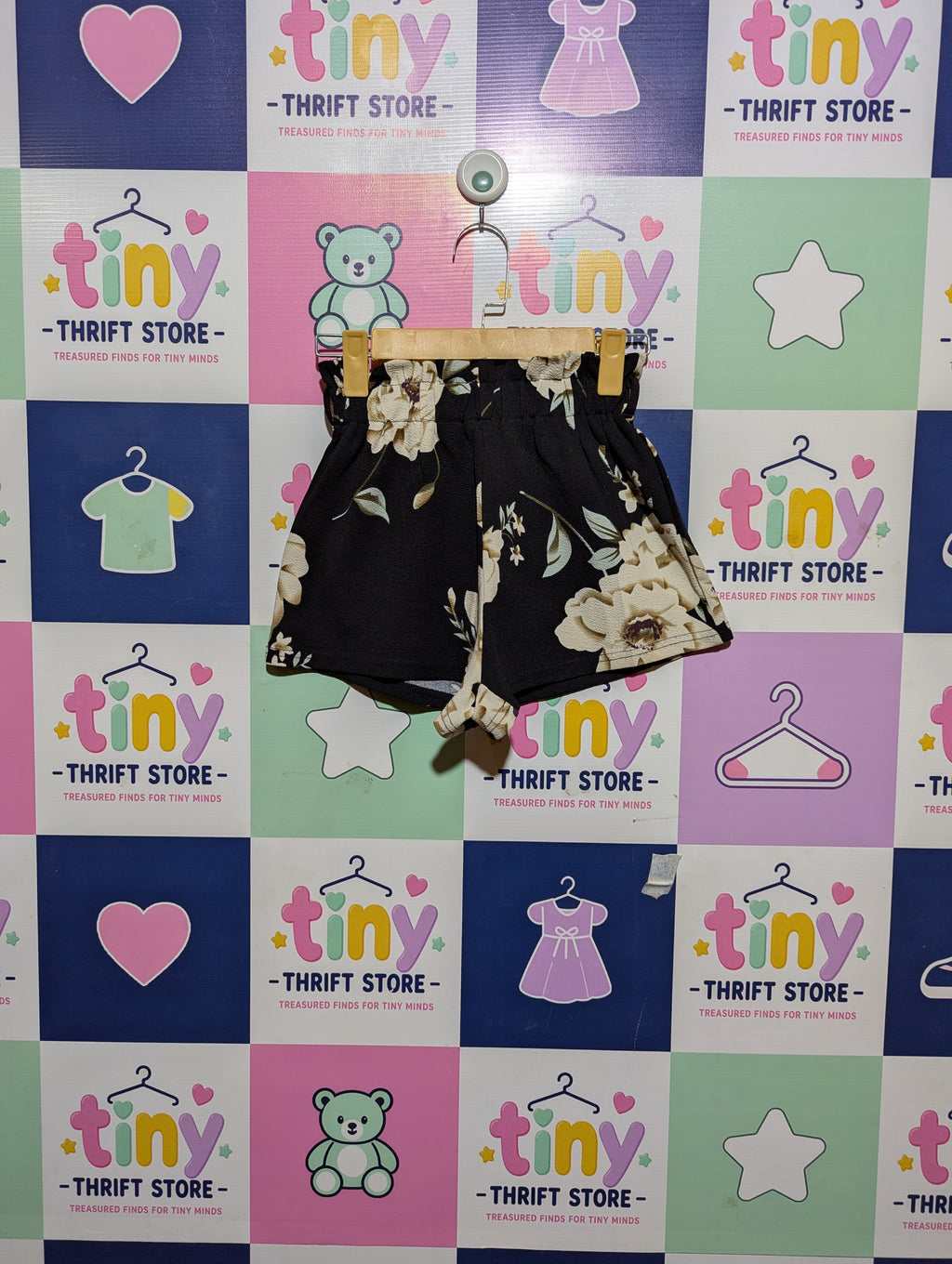 SHEIN Girls Black Floral Paperbag Waist Shorts - Size 9Y (Estimated Age 9 Years) AB2