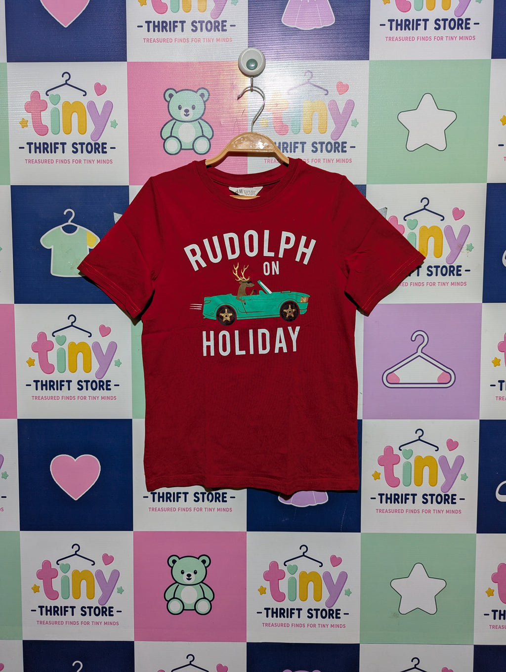 H&M Girls Red "Rudolph on Holiday" Graphic Tee - Size 8-10 Years (Estimated Age 8-10 Years) AB2
