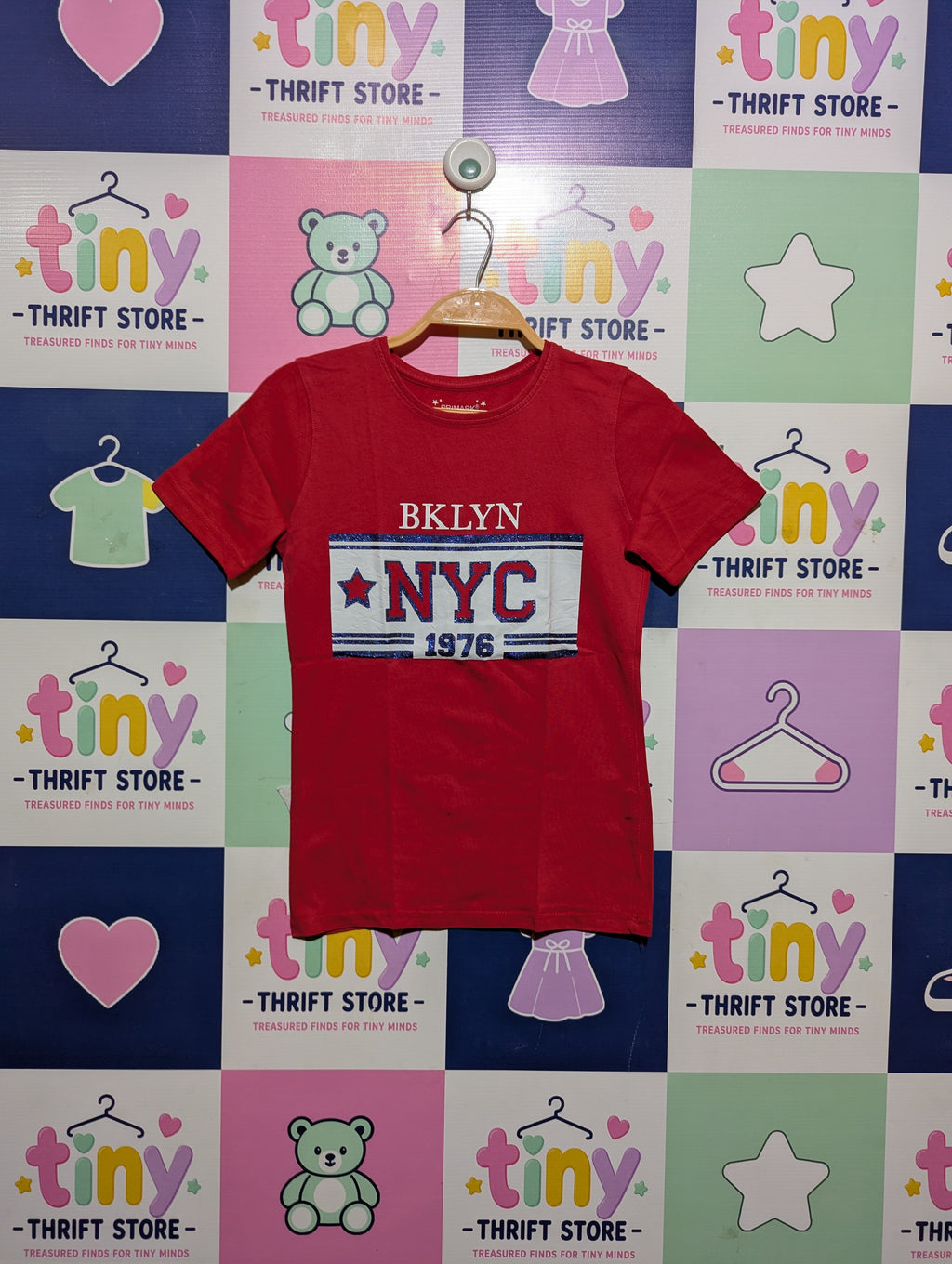 Primark Girls Red "BKLYN NYC 1976" Graphic Tee - Size 9-10 Years (Estimated Age 9-10 Years) AB2