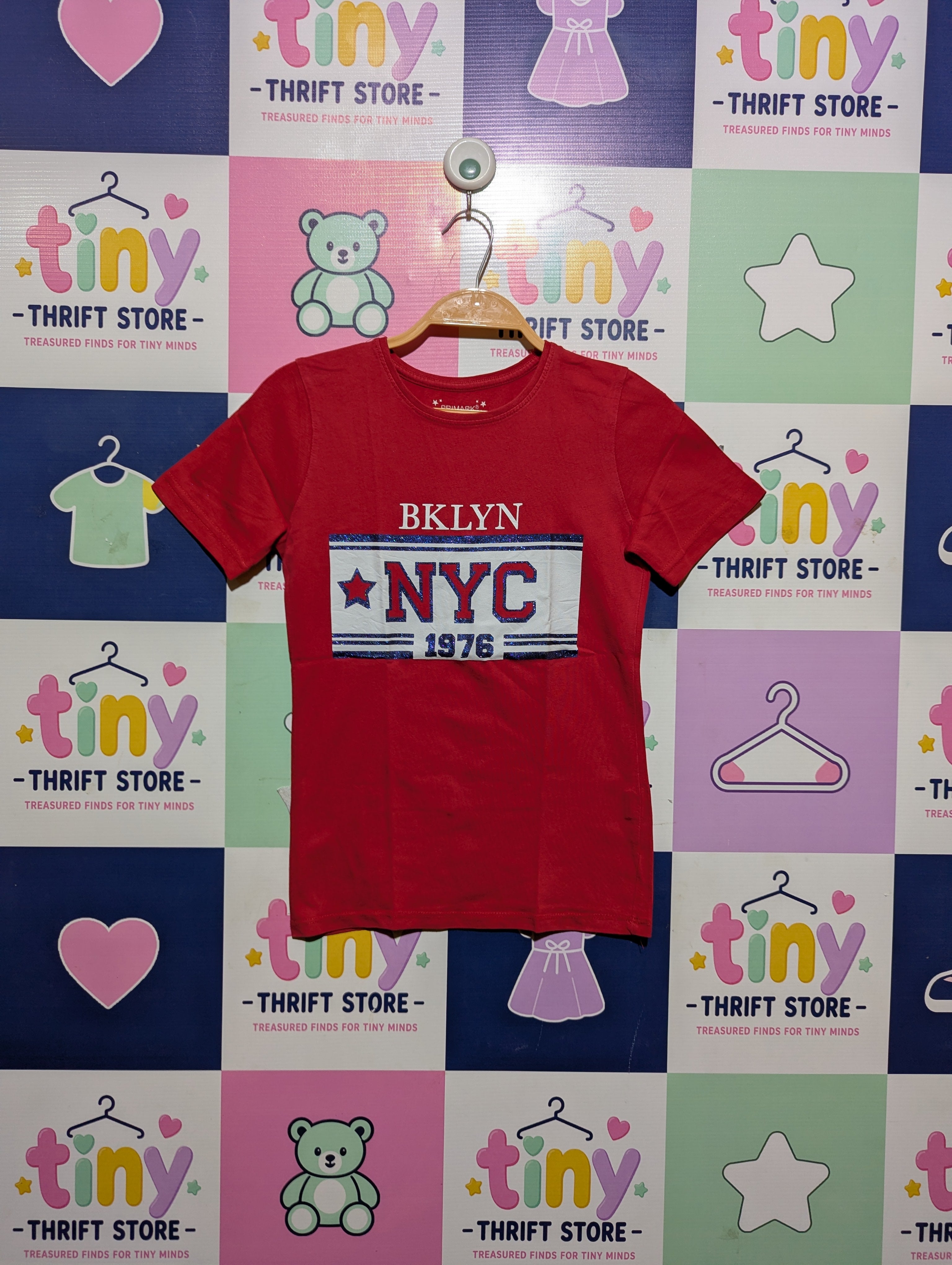 Primark Girls Red "BKLYN NYC 1976" Graphic Tee - Size 9-10 Years (Estimated Age 9-10 Years) AB2