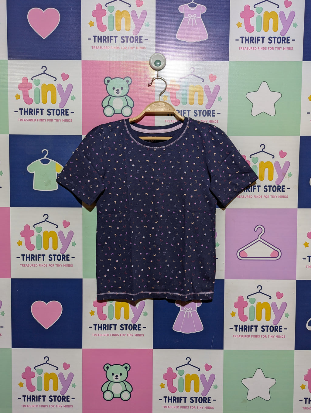 Tu Girls Navy Blue "Moon and Stars" Print Tee - Size 9-10 Years (Estimated Age 9-10 Years) AB2