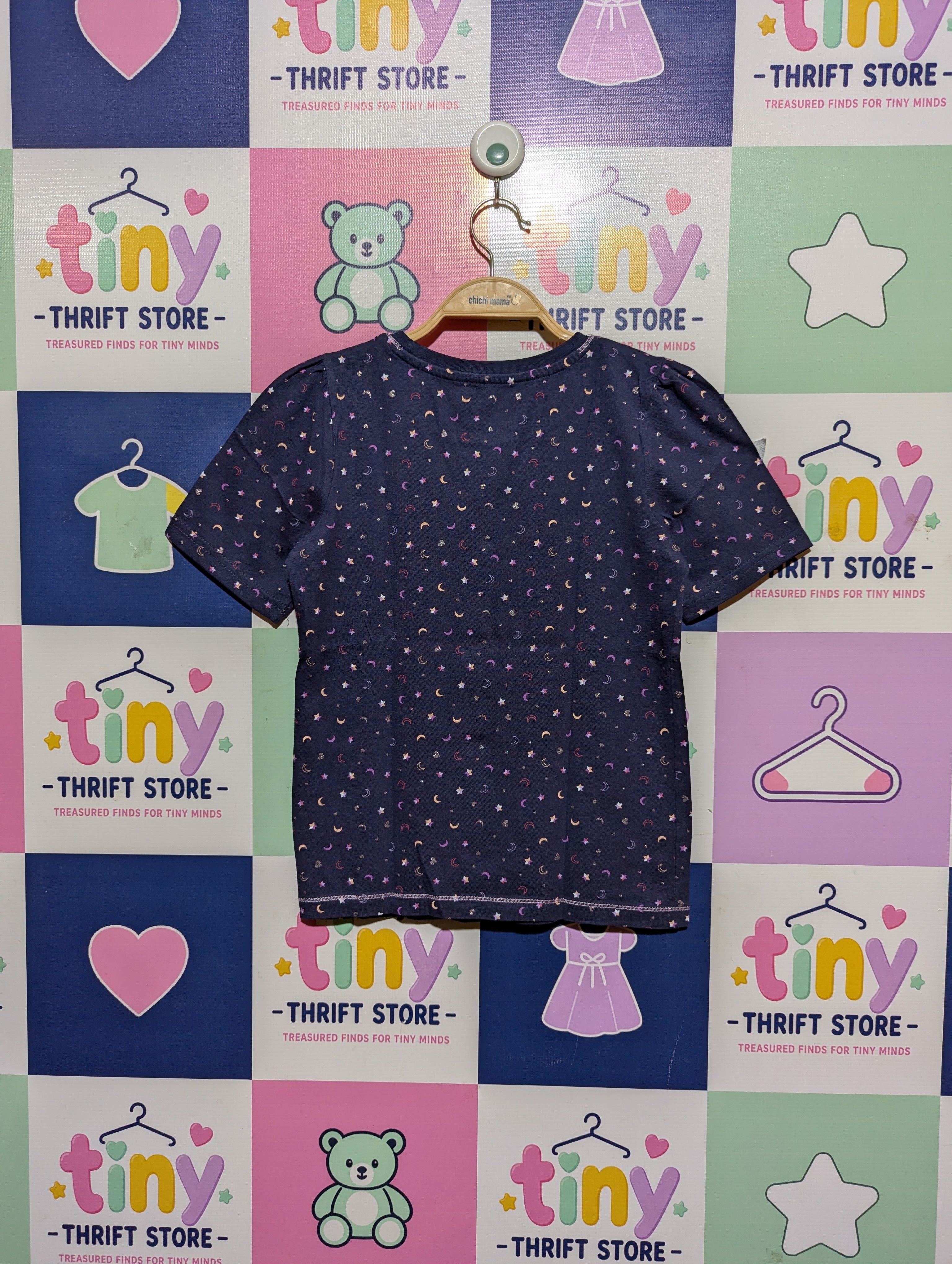 Tu Girls Navy Blue "Moon and Stars" Print Tee - Size 9-10 Years (Estimated Age 9-10 Years) AB2