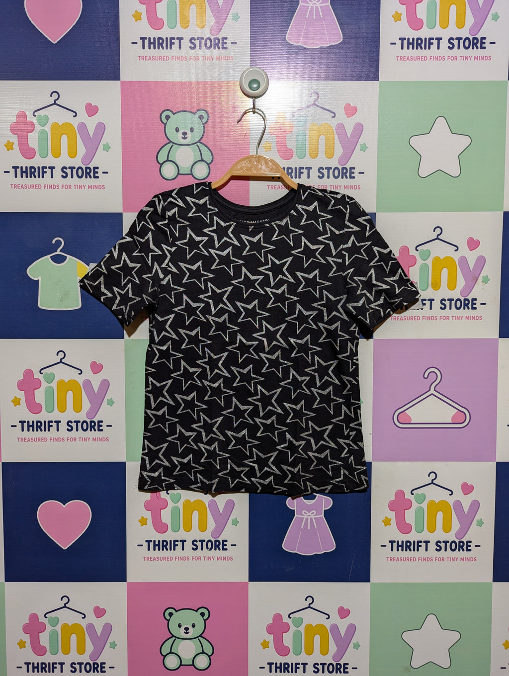 Primark Girls Black "Silver Star" Print Tee - Size 9-10 Years (Estimated Age 9-10 Years) AB2